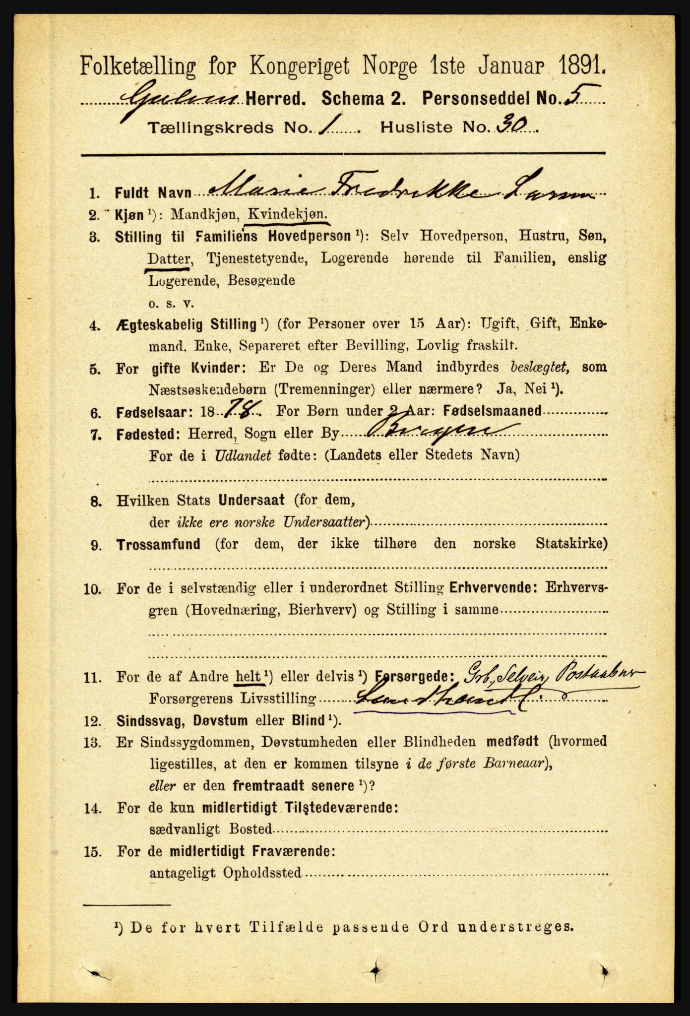 RA, 1891 census for 1411 Gulen, 1891, p. 301