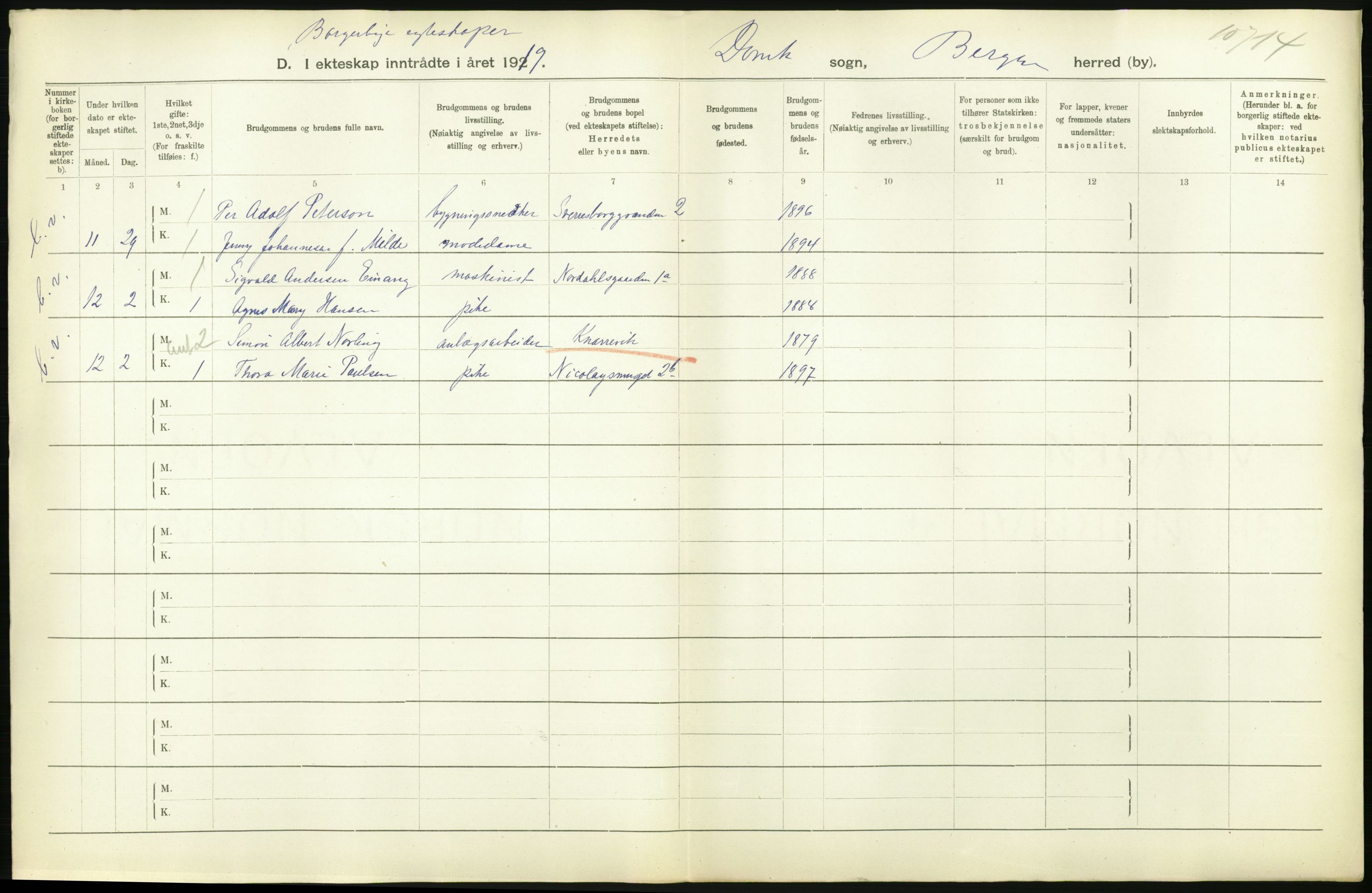 Statistisk sentralbyrå, Sosiodemografiske emner, Befolkning, RA/S-2228/D/Df/Dfb/Dfbi/L0035: Bergen: Gifte, døde, dødfødte., 1919, p. 278