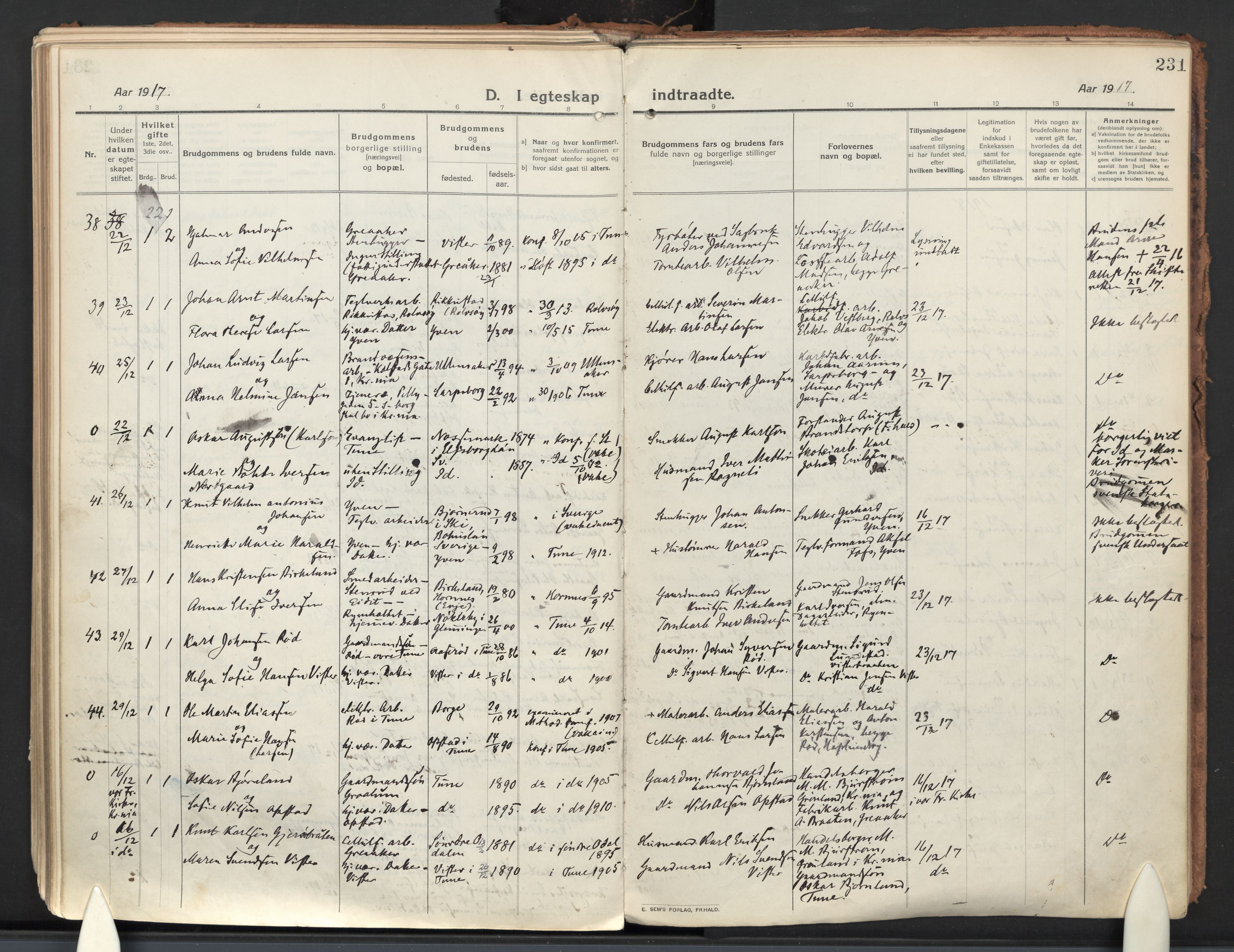 Tune prestekontor Kirkebøker, AV/SAO-A-2007/F/Fa/L0022: Parish register (official) no. 22, 1917-1925, p. 231