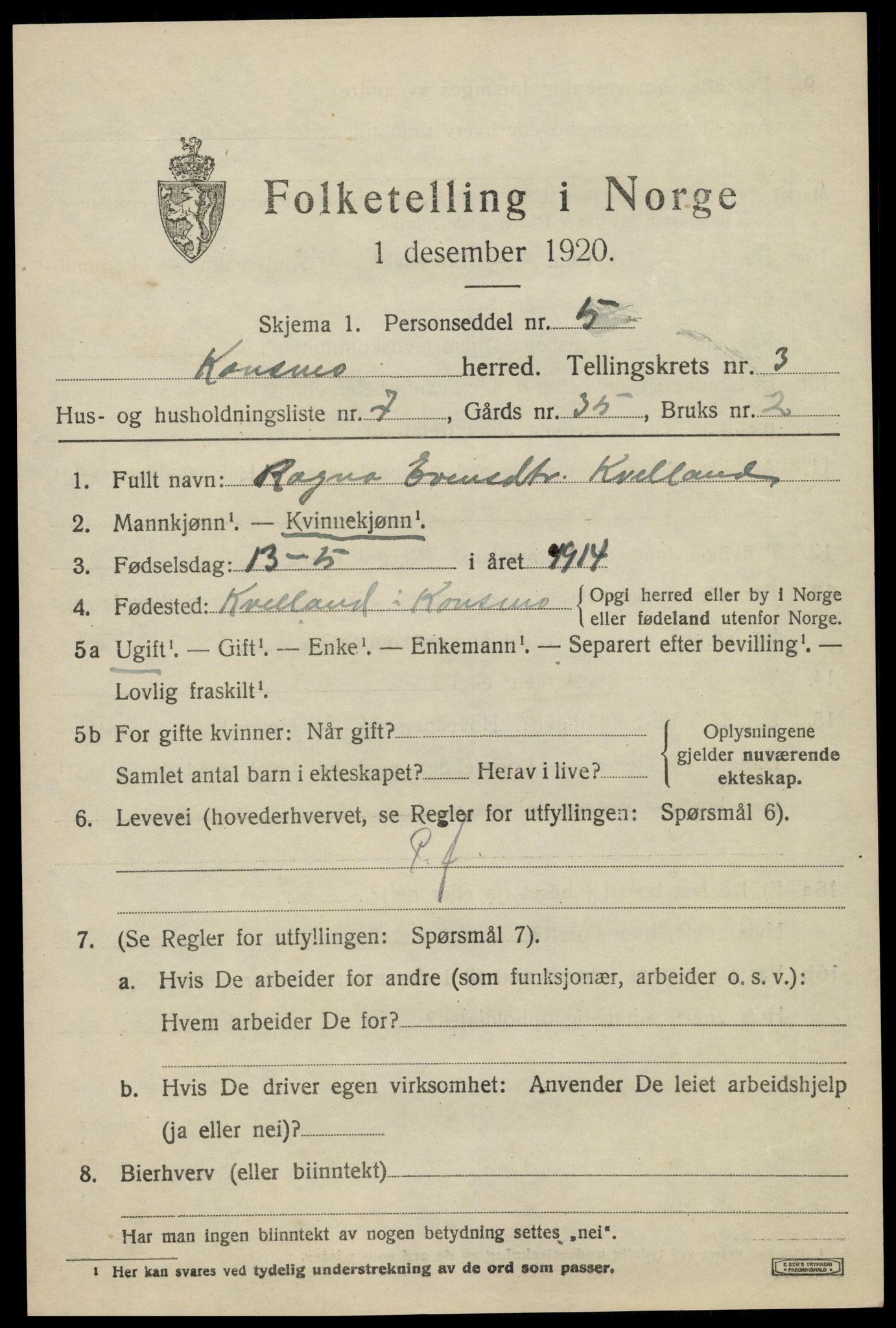 SAK, 1920 census for Konsmo, 1920, p. 1188