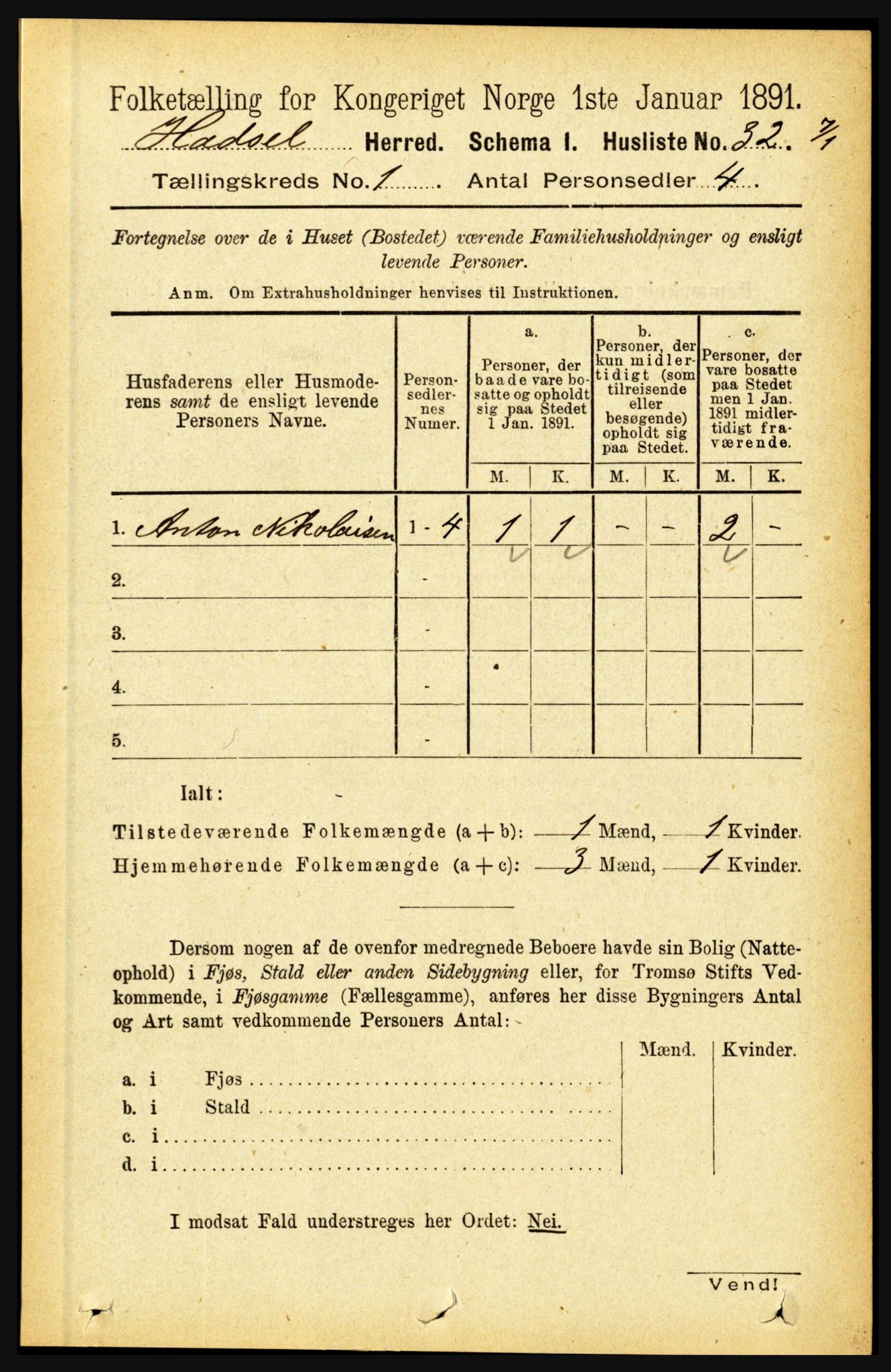 RA, 1891 census for 1866 Hadsel, 1891, p. 72