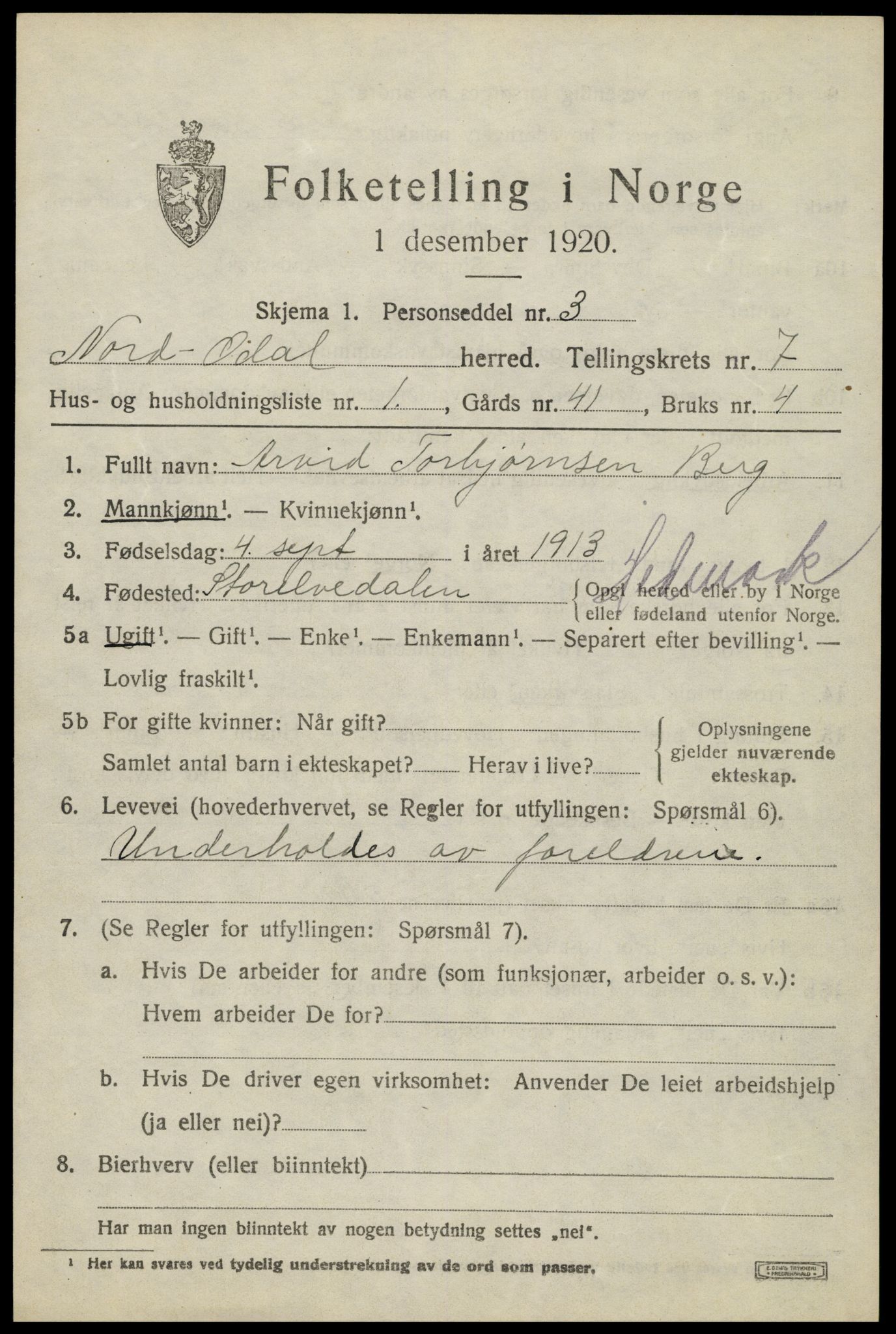 SAH, 1920 census for Nord-Odal, 1920, p. 7101