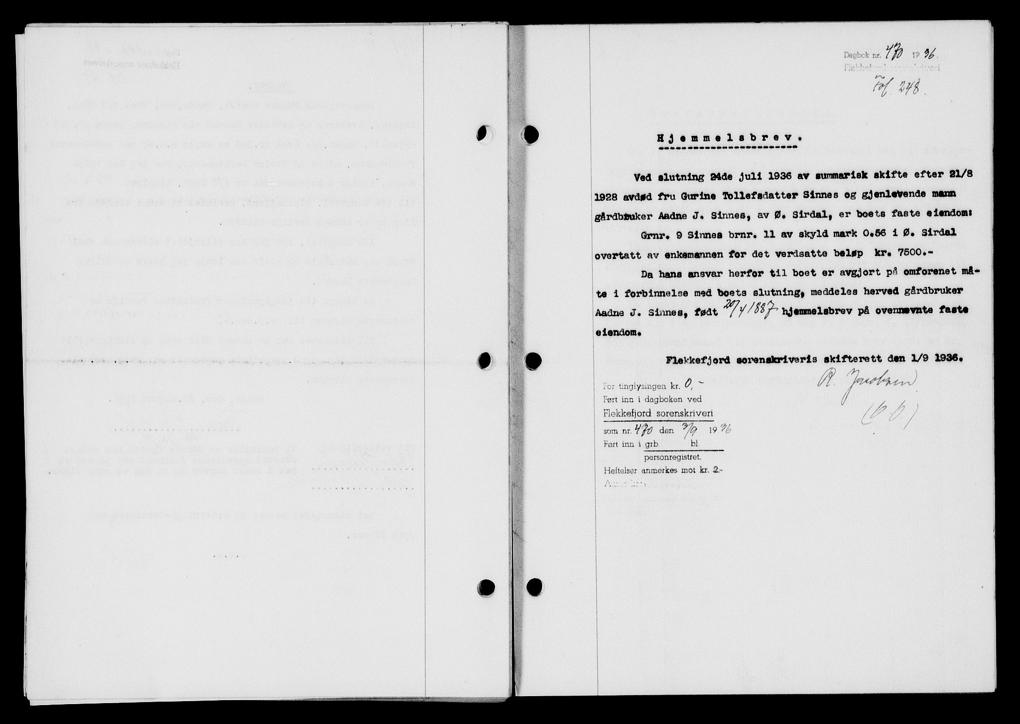 Flekkefjord sorenskriveri, SAK/1221-0001/G/Gb/Gba/L0053: Mortgage book no. A-1, 1936-1937, Diary no: : 470/1936