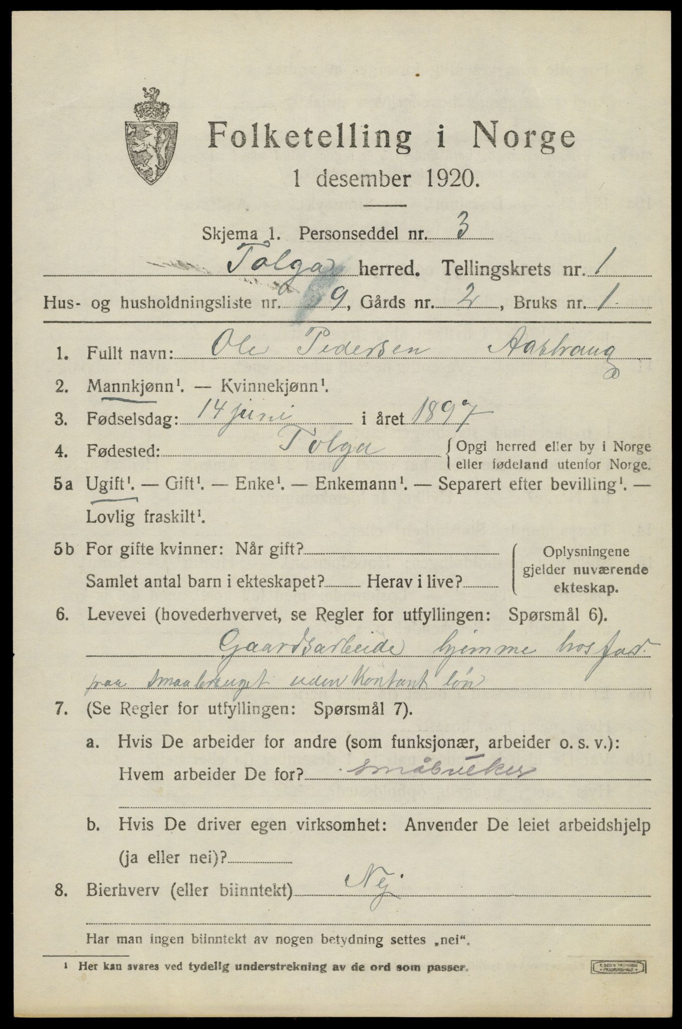 SAH, 1920 census for Tolga, 1920, p. 1501