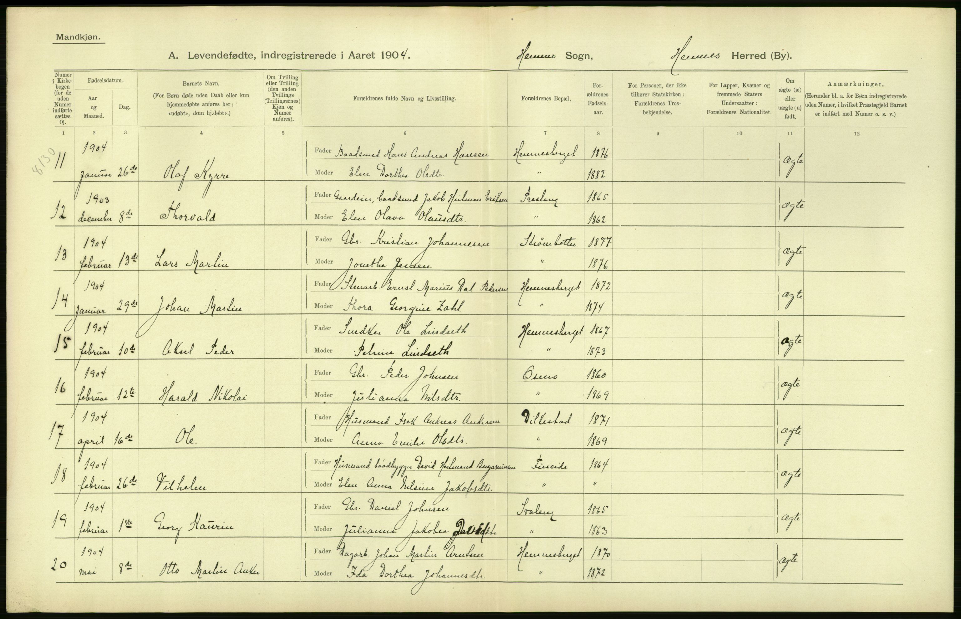 Statistisk sentralbyrå, Sosiodemografiske emner, Befolkning, AV/RA-S-2228/D/Df/Dfa/Dfab/L0020: Nordlands amt: Fødte. Bygder, 1904, p. 24