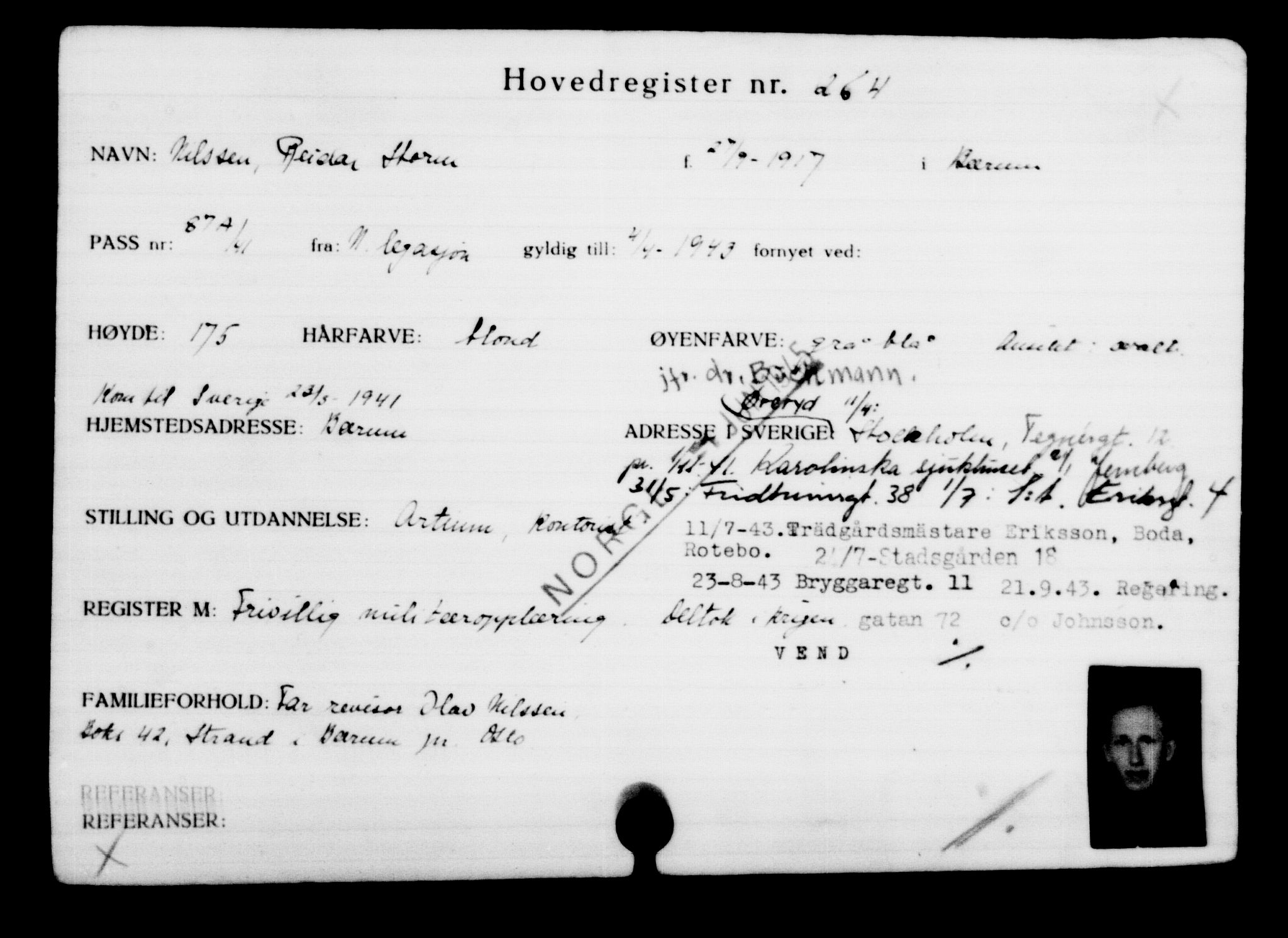 Utenriksstasjonene, Legasjonen i Stockholm, Flyktningkontoret, AV/RA-S-6753/V/Va/L0001: Kjesäterkartoteket, flyktninger med registreringsnr. 1-1000, 1940-1945, p. 421