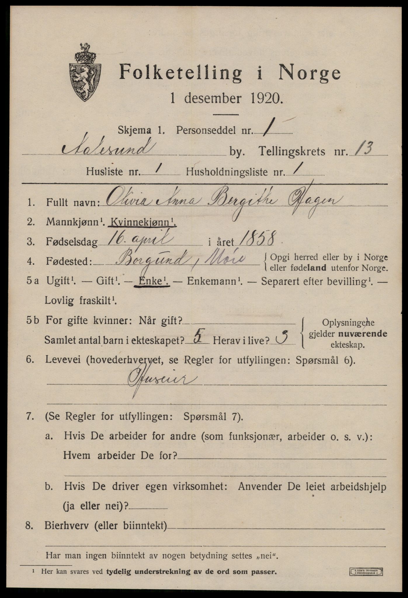 SAT, 1920 census for Ålesund, 1920, p. 27850