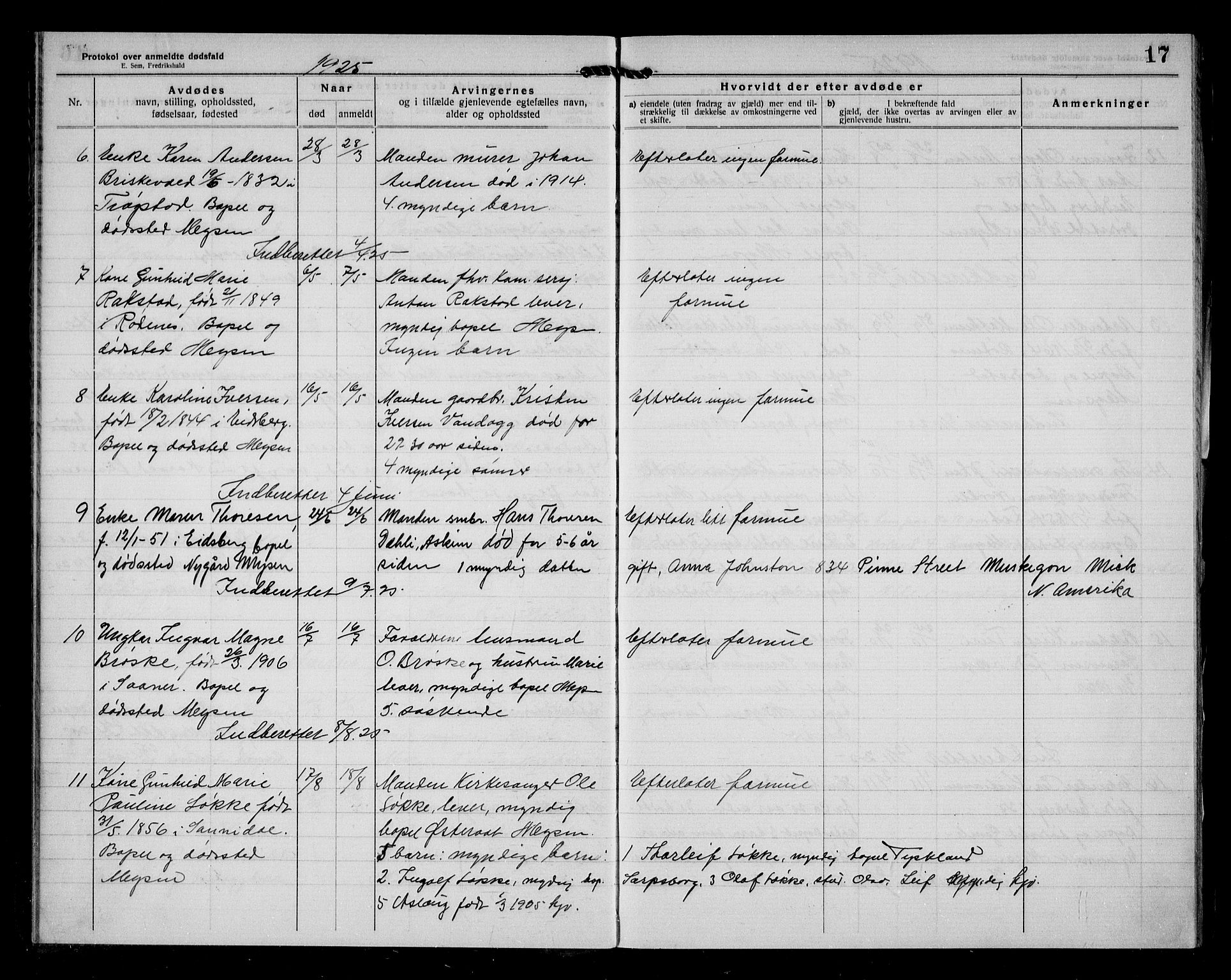 Eidsberg lensmannskontor, AV/SAO-A-10079/H/Ha/Haa/L0005: Dødsfallsprotokoll, 1920-1944, p. 17