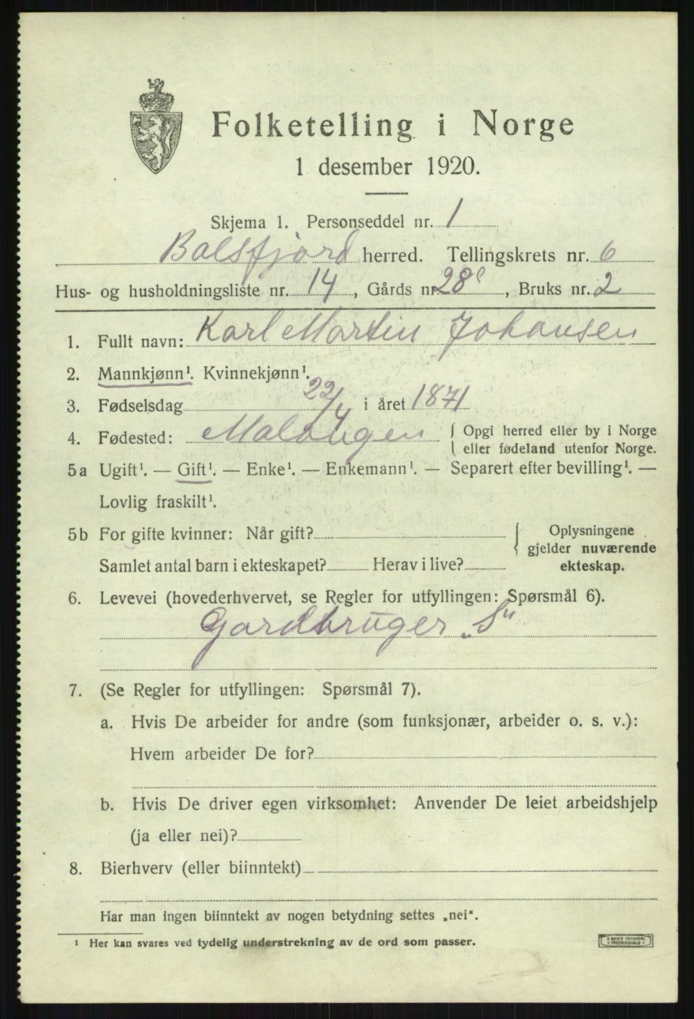 SATØ, 1920 census for Balsfjord, 1920, p. 3868