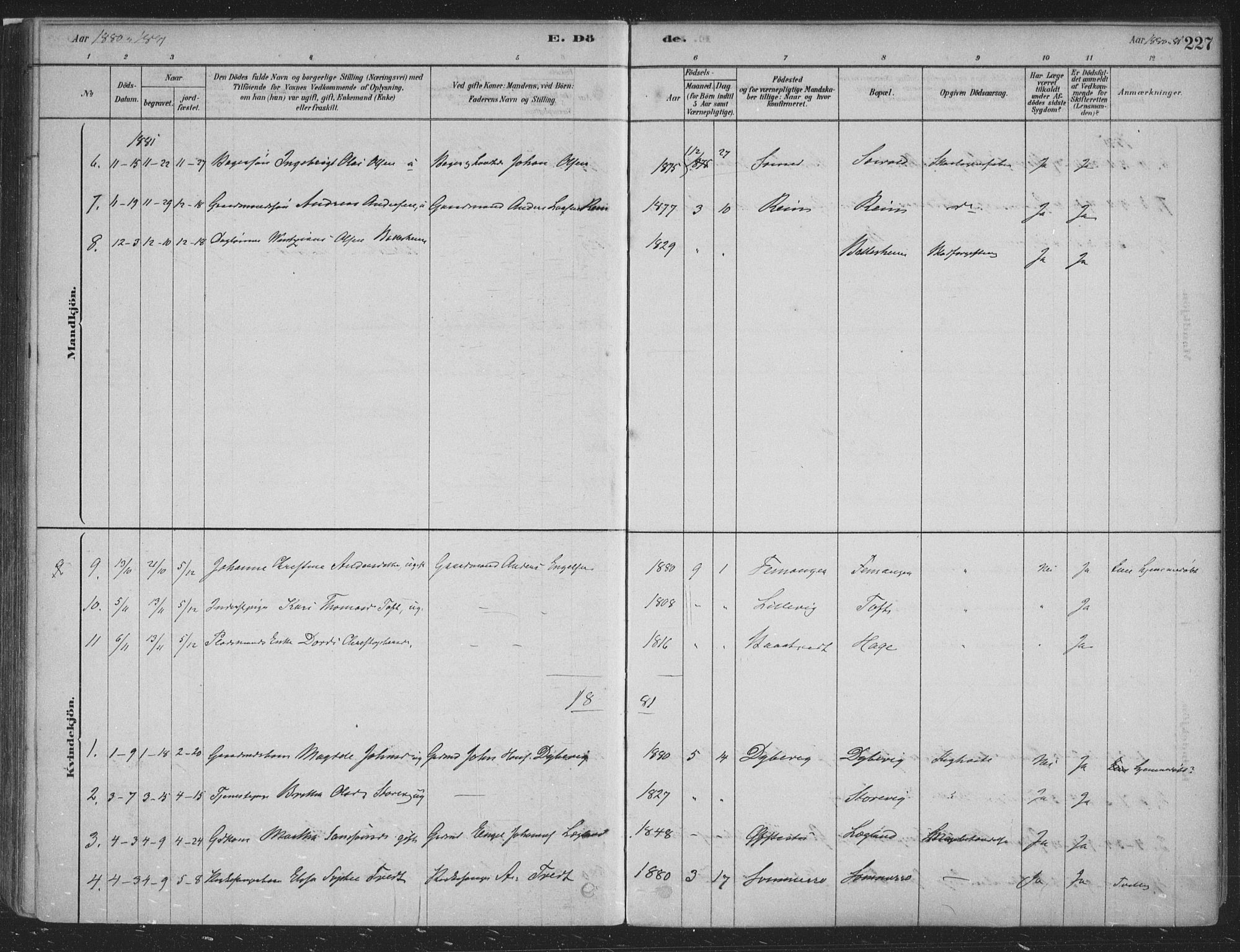 Fusa sokneprestembete, SAB/A-75401/H/Haa: Parish register (official) no. D 1, 1880-1938, p. 227