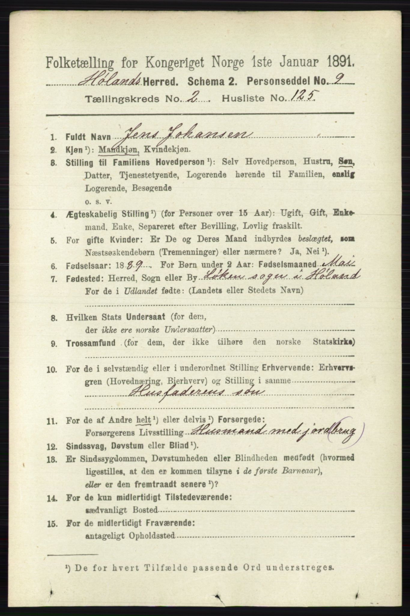 RA, 1891 census for 0221 Høland, 1891, p. 1608