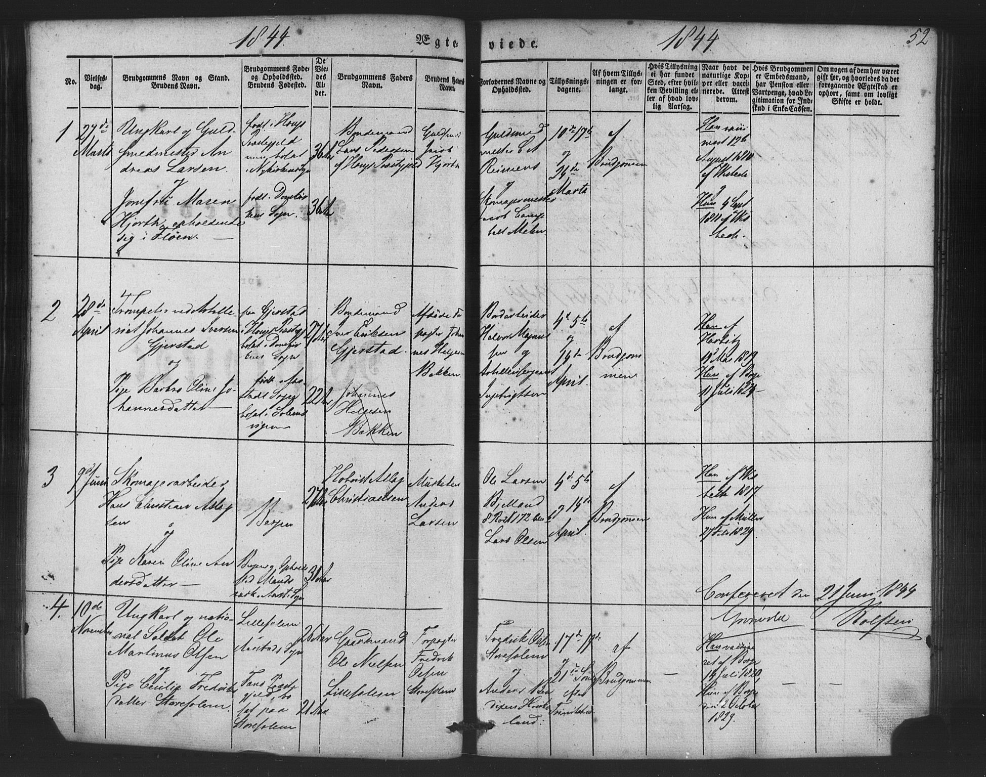 St. Jørgens hospital og Årstad sokneprestembete, AV/SAB-A-99934: Parish register (copy) no. A 5, 1844-1871, p. 52