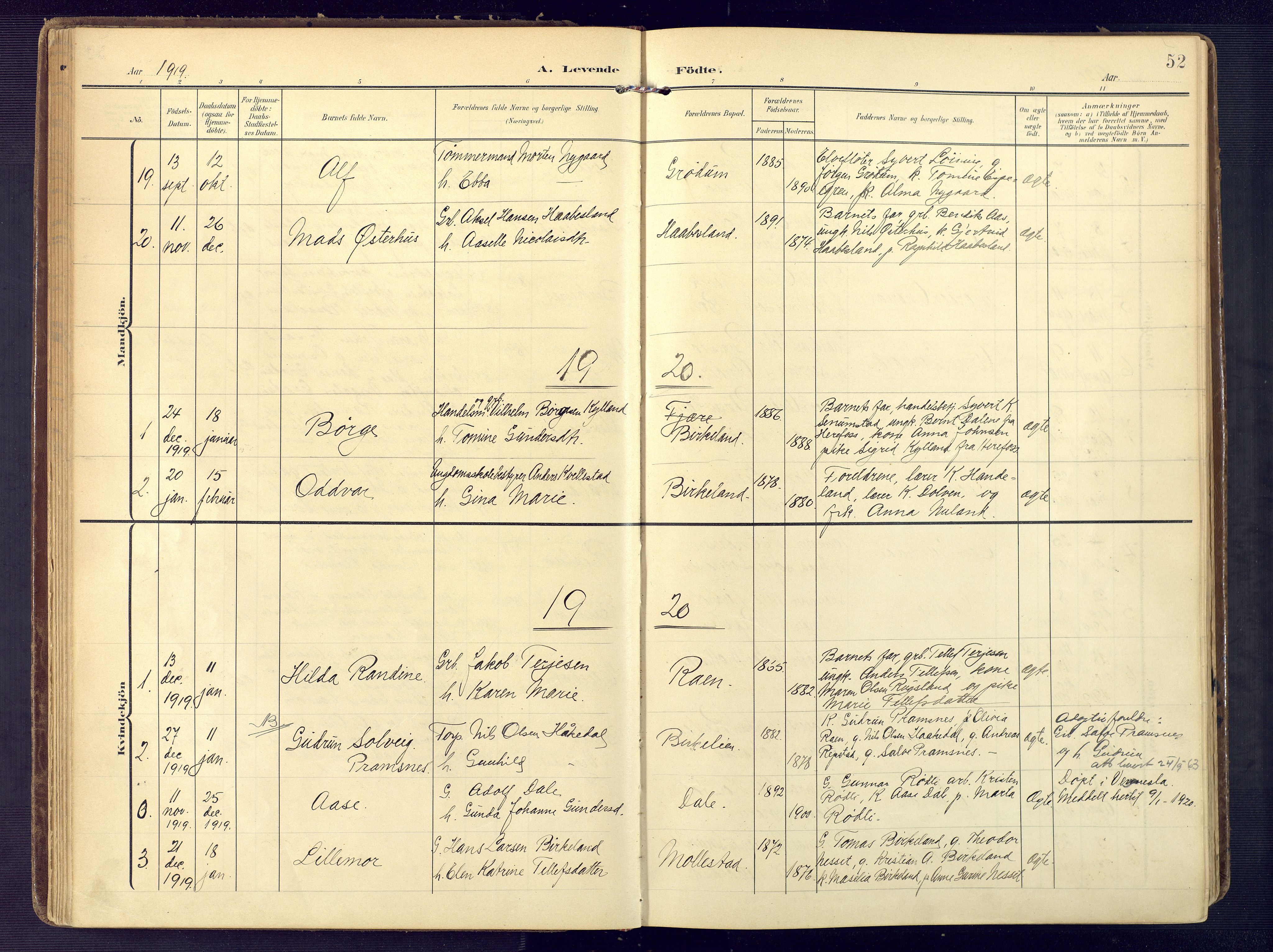 Birkenes sokneprestkontor, SAK/1111-0004/F/Fa/L0006: Parish register (official) no. A 6, 1908-1932, p. 52