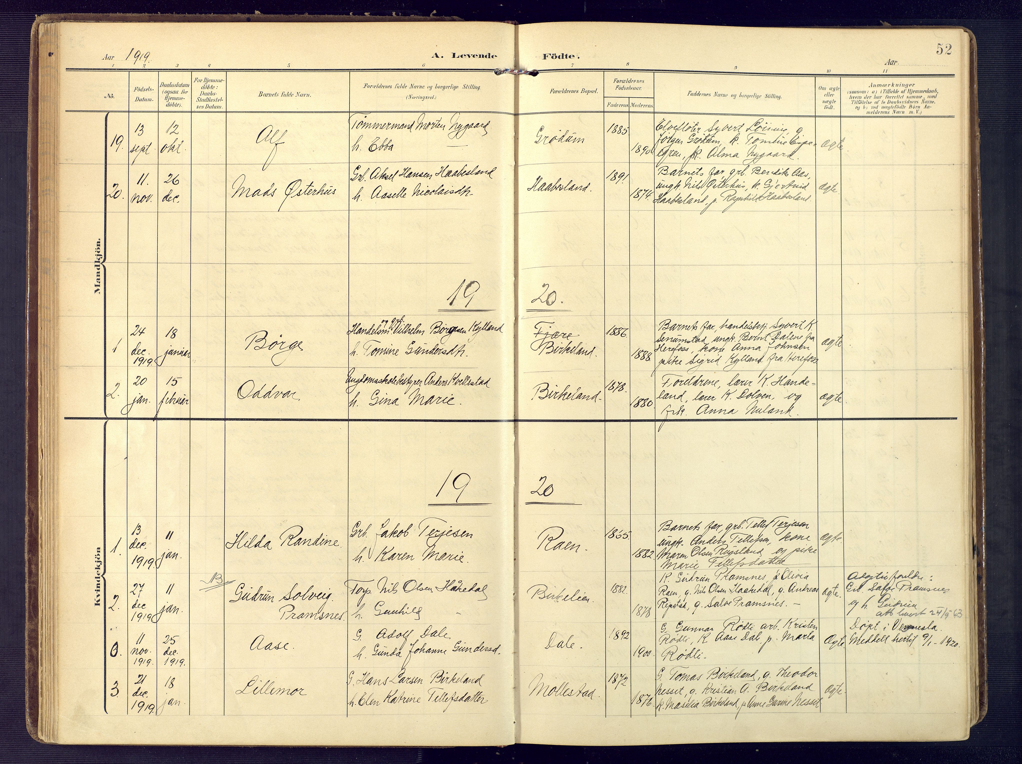 Birkenes sokneprestkontor, AV/SAK-1111-0004/F/Fa/L0006: Parish register (official) no. A 6, 1908-1932, p. 52