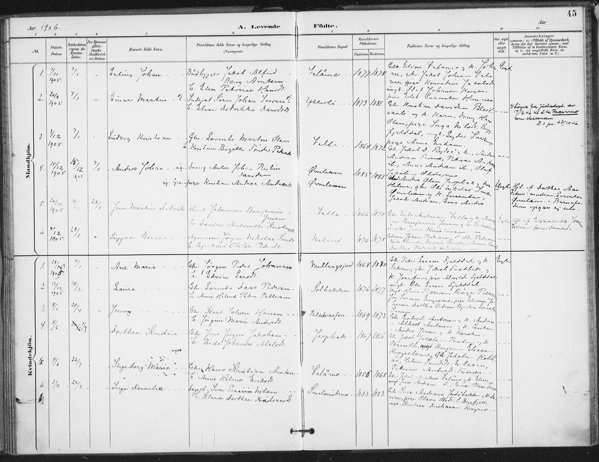 Ministerialprotokoller, klokkerbøker og fødselsregistre - Nordland, AV/SAT-A-1459/826/L0380: Parish register (official) no. 826A03, 1891-1911, p. 45