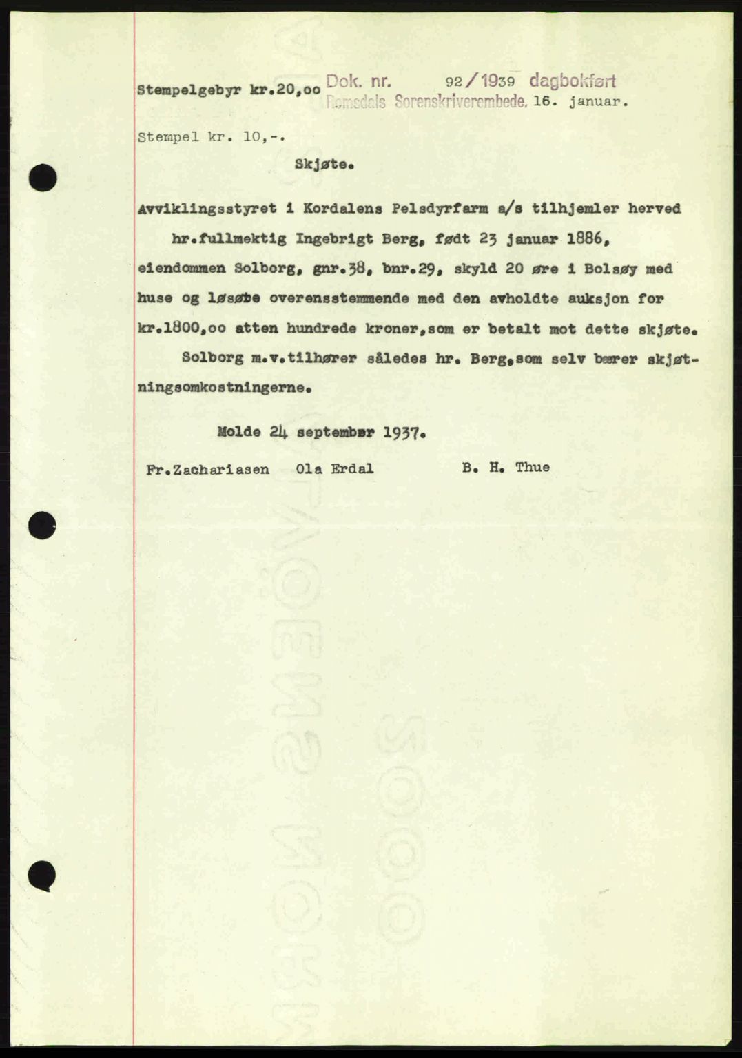 Romsdal sorenskriveri, AV/SAT-A-4149/1/2/2C: Mortgage book no. A6, 1938-1939, Diary no: : 92/1939