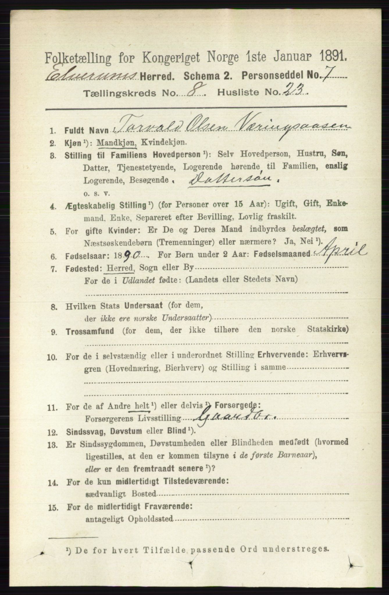 RA, 1891 census for 0427 Elverum, 1891, p. 7180