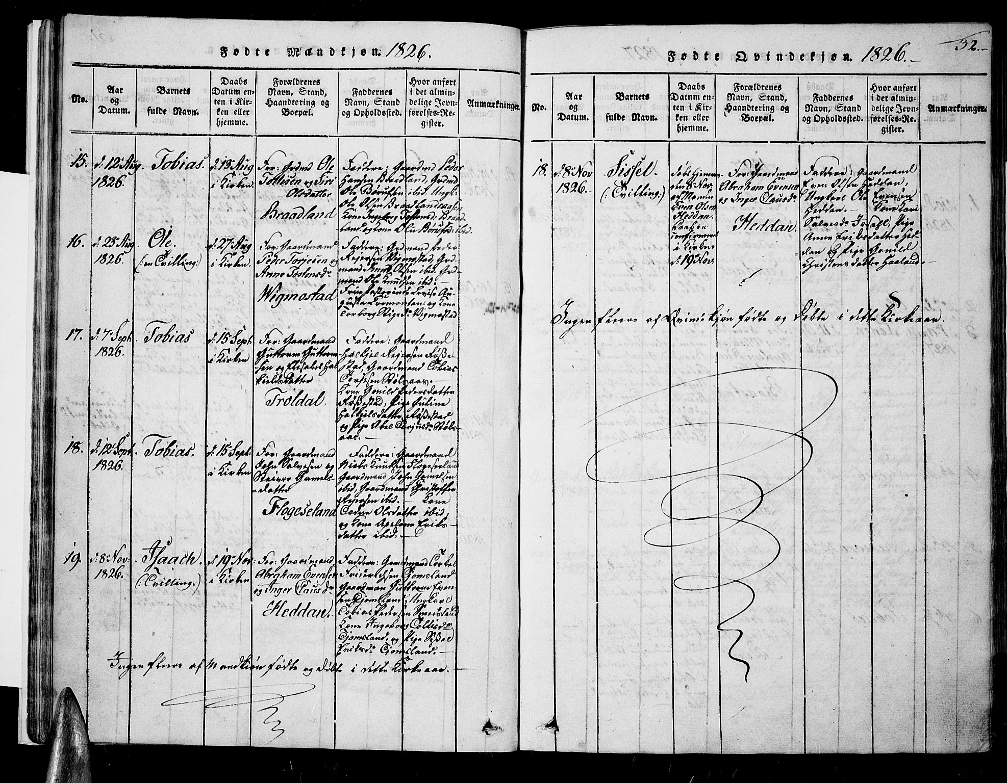 Nord-Audnedal sokneprestkontor, AV/SAK-1111-0032/F/Fa/Fab/L0001: Parish register (official) no. A 1, 1816-1858, p. 32