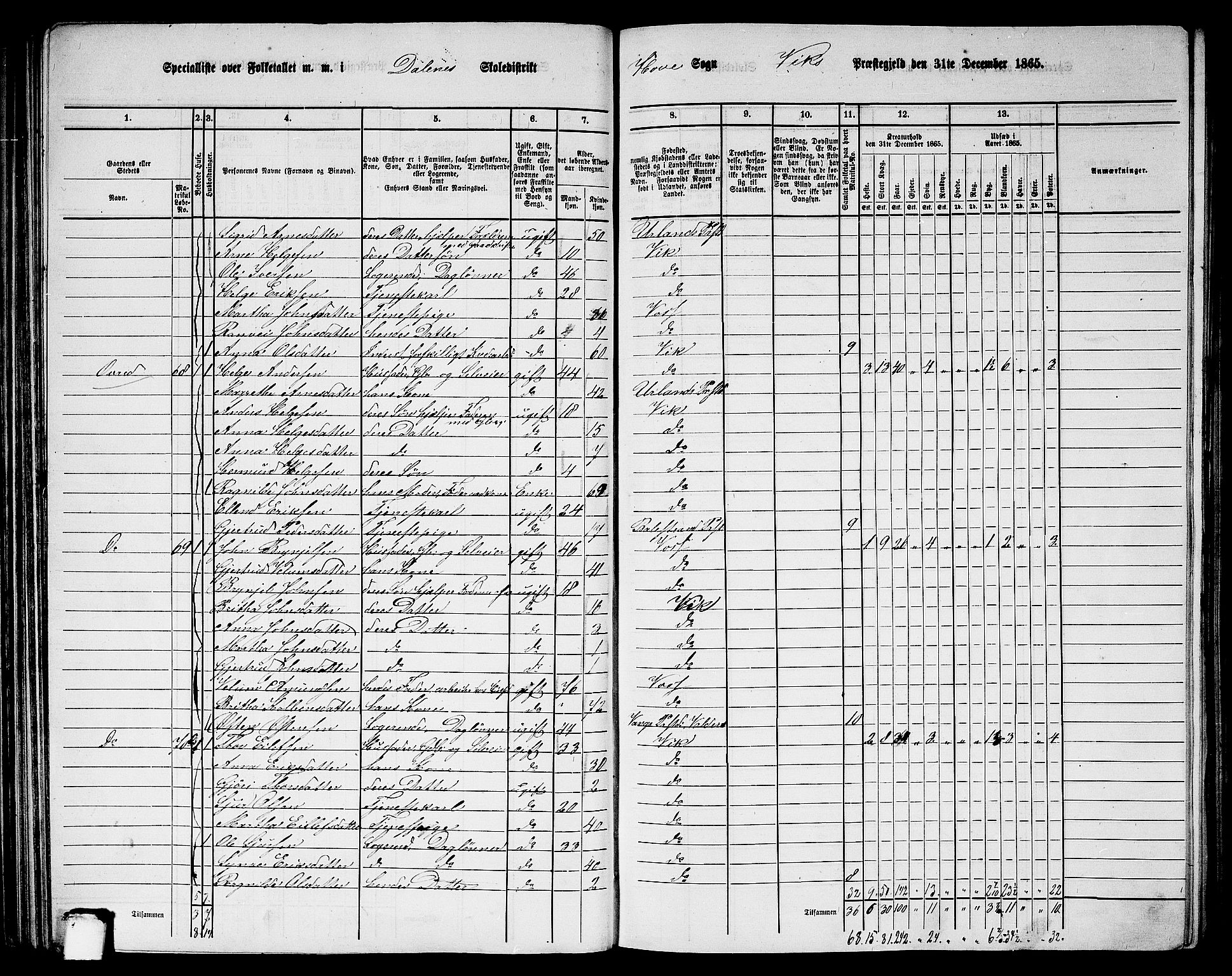 RA, 1865 census for Vik, 1865, p. 72