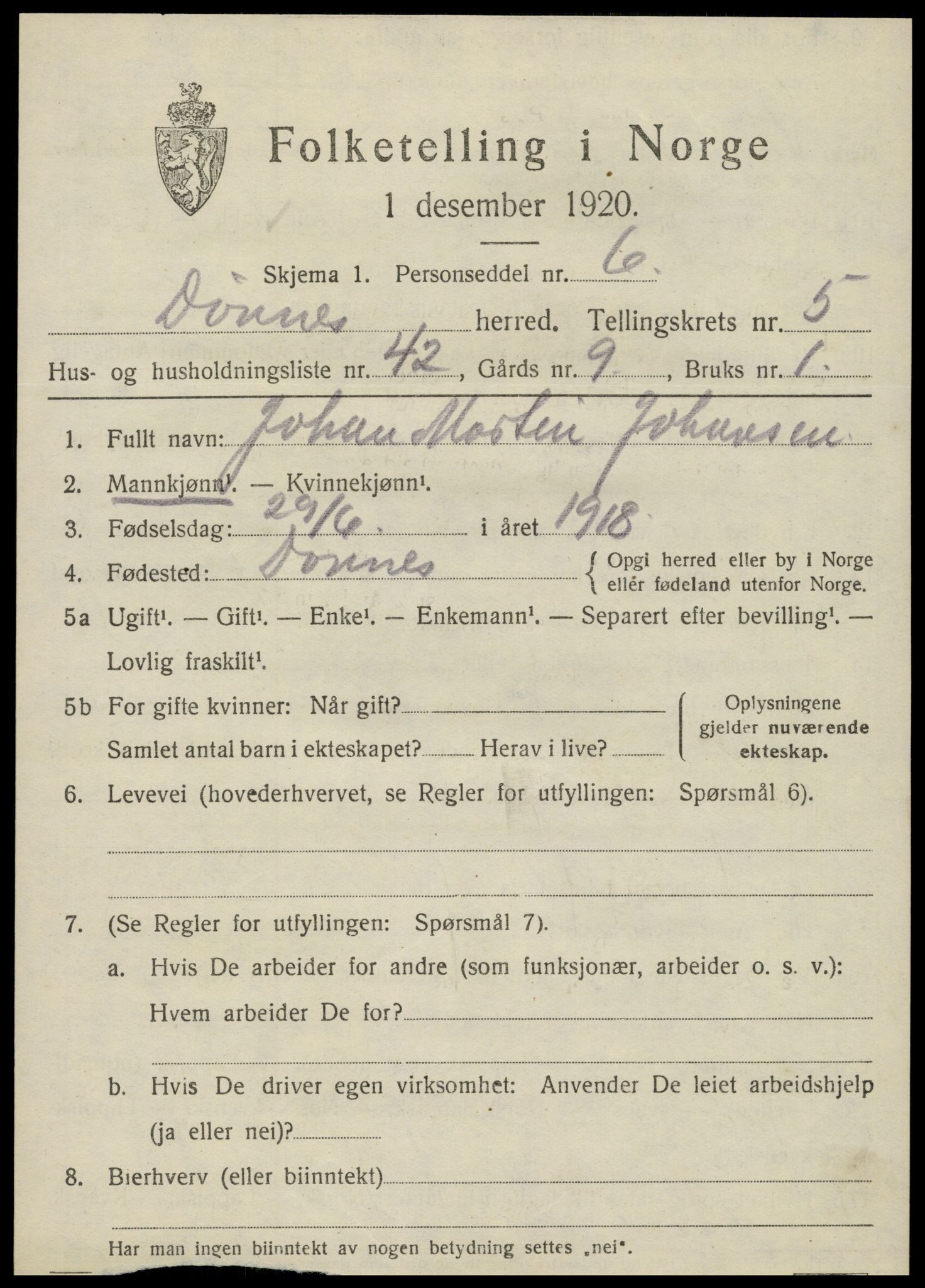 SAT, 1920 census for Dønnes, 1920, p. 3350