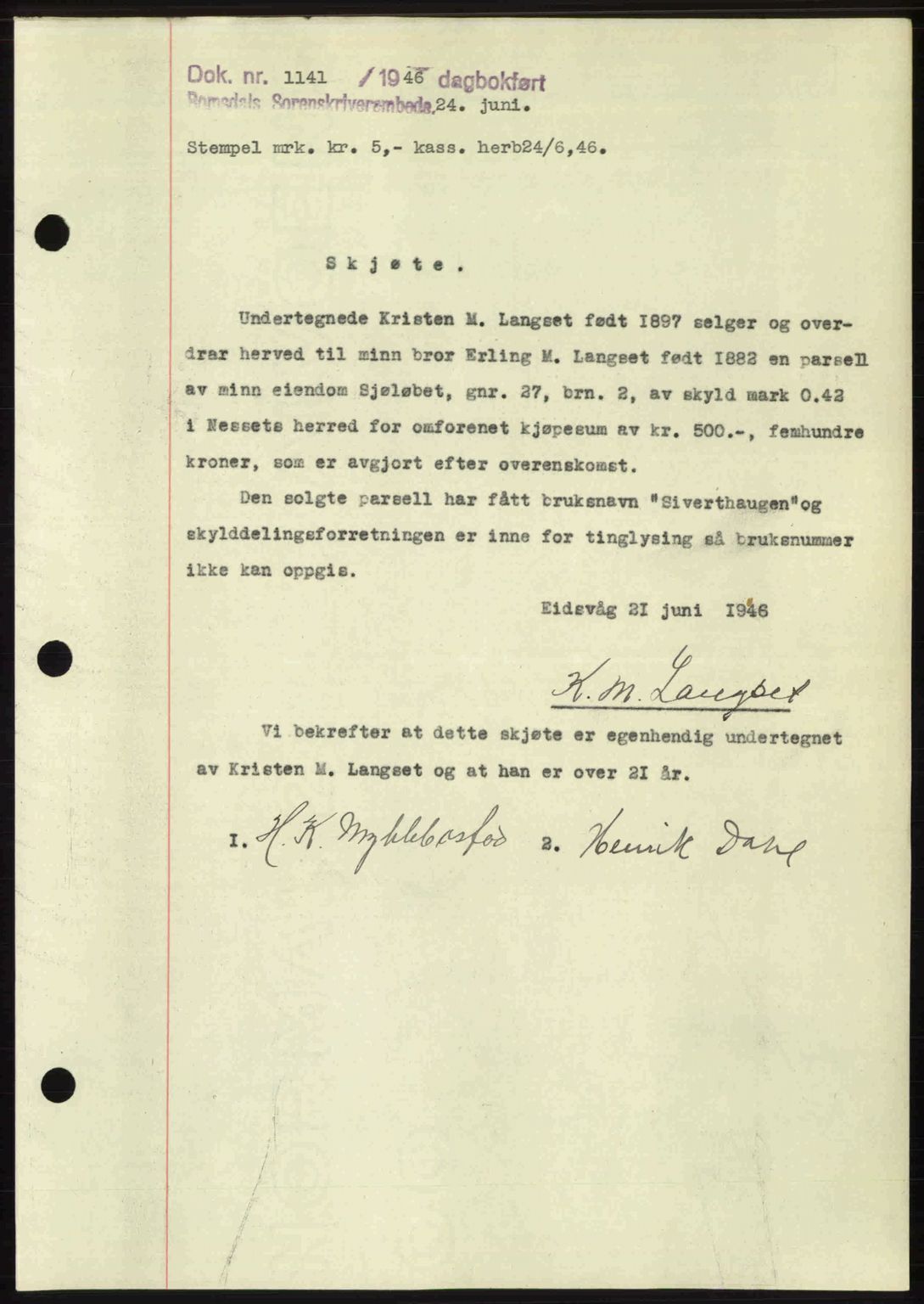 Romsdal sorenskriveri, AV/SAT-A-4149/1/2/2C: Mortgage book no. A20, 1946-1946, Diary no: : 1141/1946