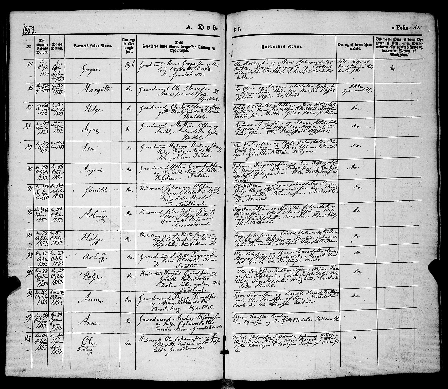 Hjartdal kirkebøker, AV/SAKO-A-270/F/Fa/L0008: Parish register (official) no. I 8, 1844-1859, p. 62