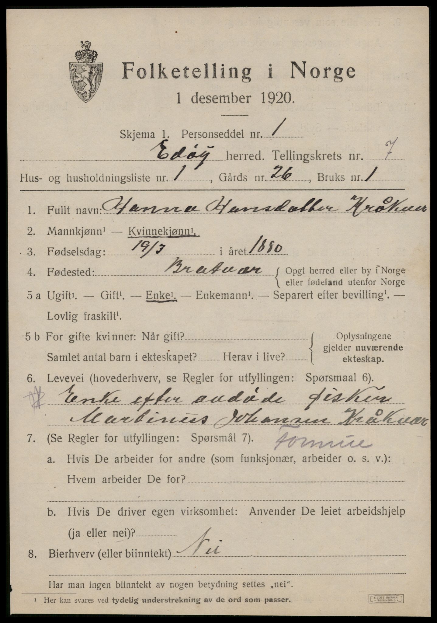 SAT, 1920 census for Edøy, 1920, p. 2198