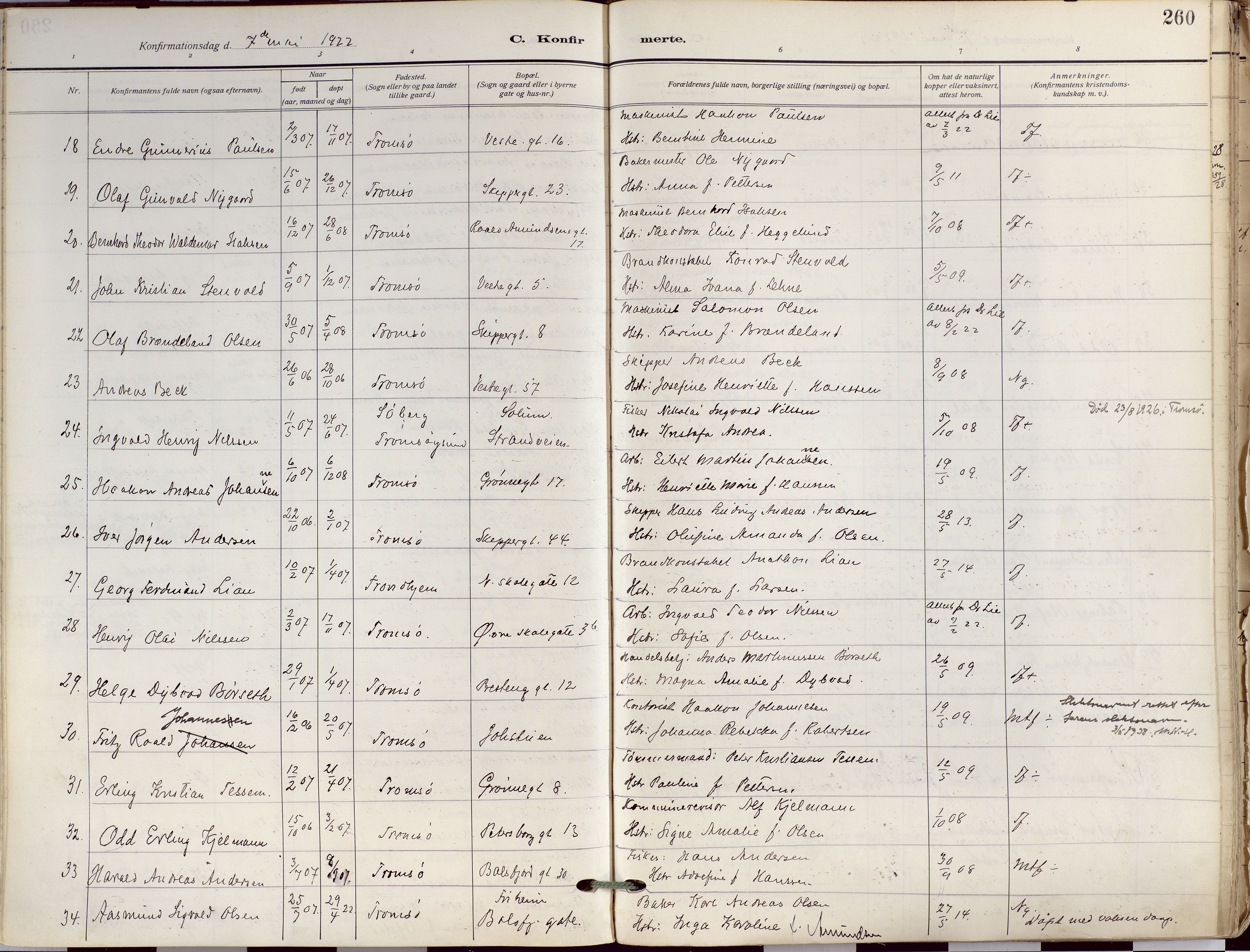 Tromsø sokneprestkontor/stiftsprosti/domprosti, AV/SATØ-S-1343/G/Ga/L0019kirke: Parish register (official) no. 19, 1917-1927, p. 260