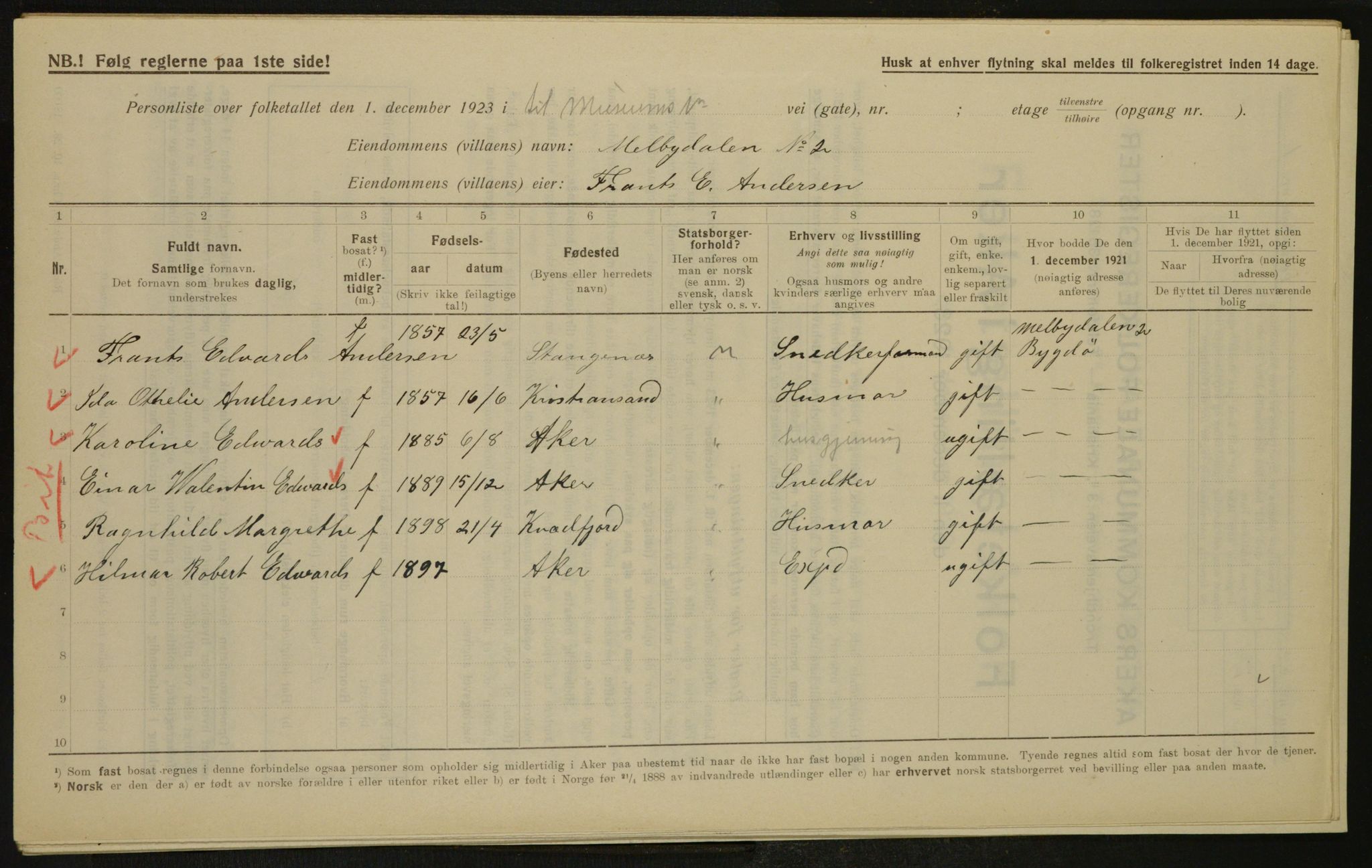 , Municipal Census 1923 for Aker, 1923, p. 4742