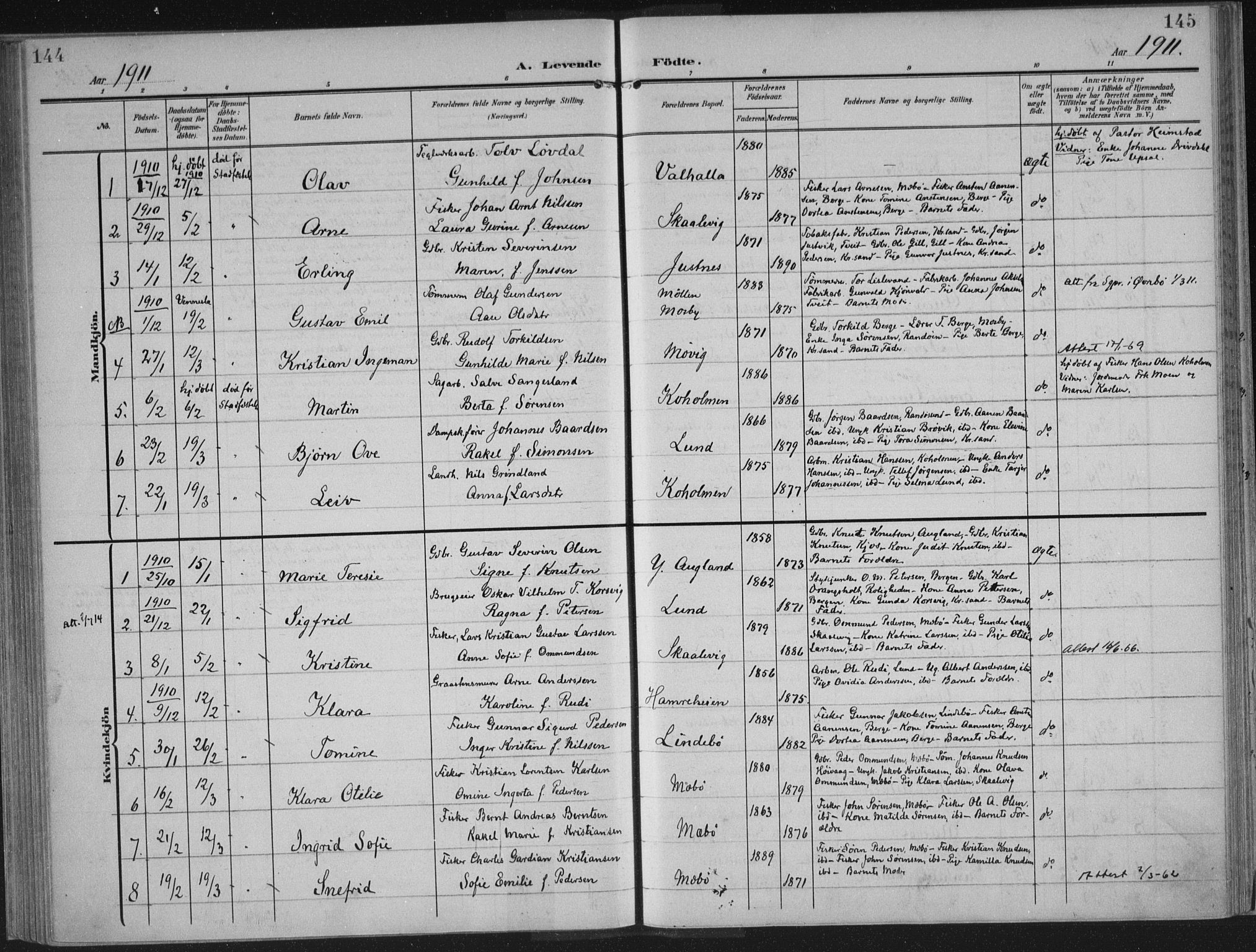 Oddernes sokneprestkontor, AV/SAK-1111-0033/F/Fa/Faa/L0011: Parish register (official) no. A 11, 1904-1911, p. 144-145