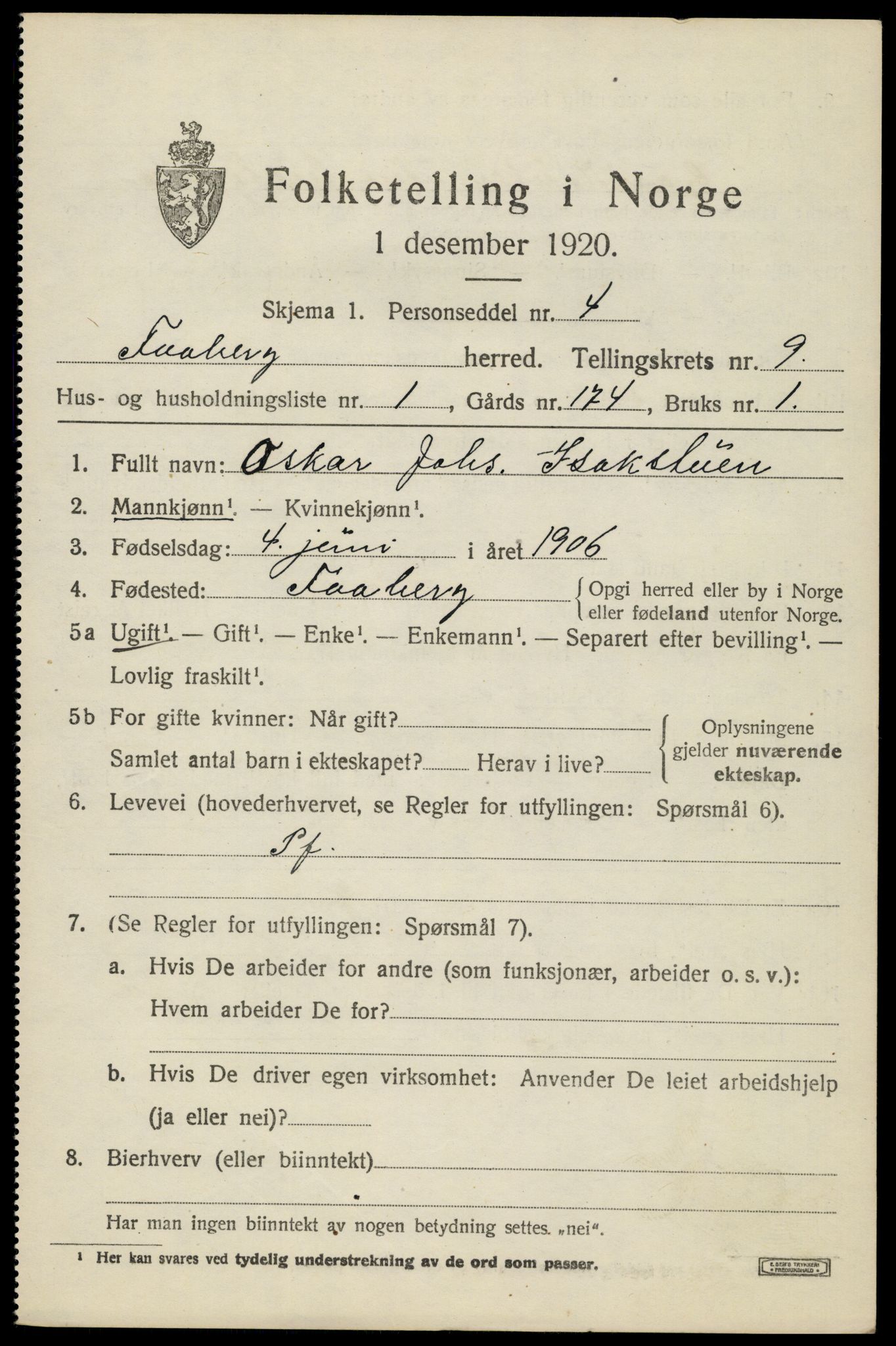 SAH, 1920 census for Fåberg, 1920, p. 10046