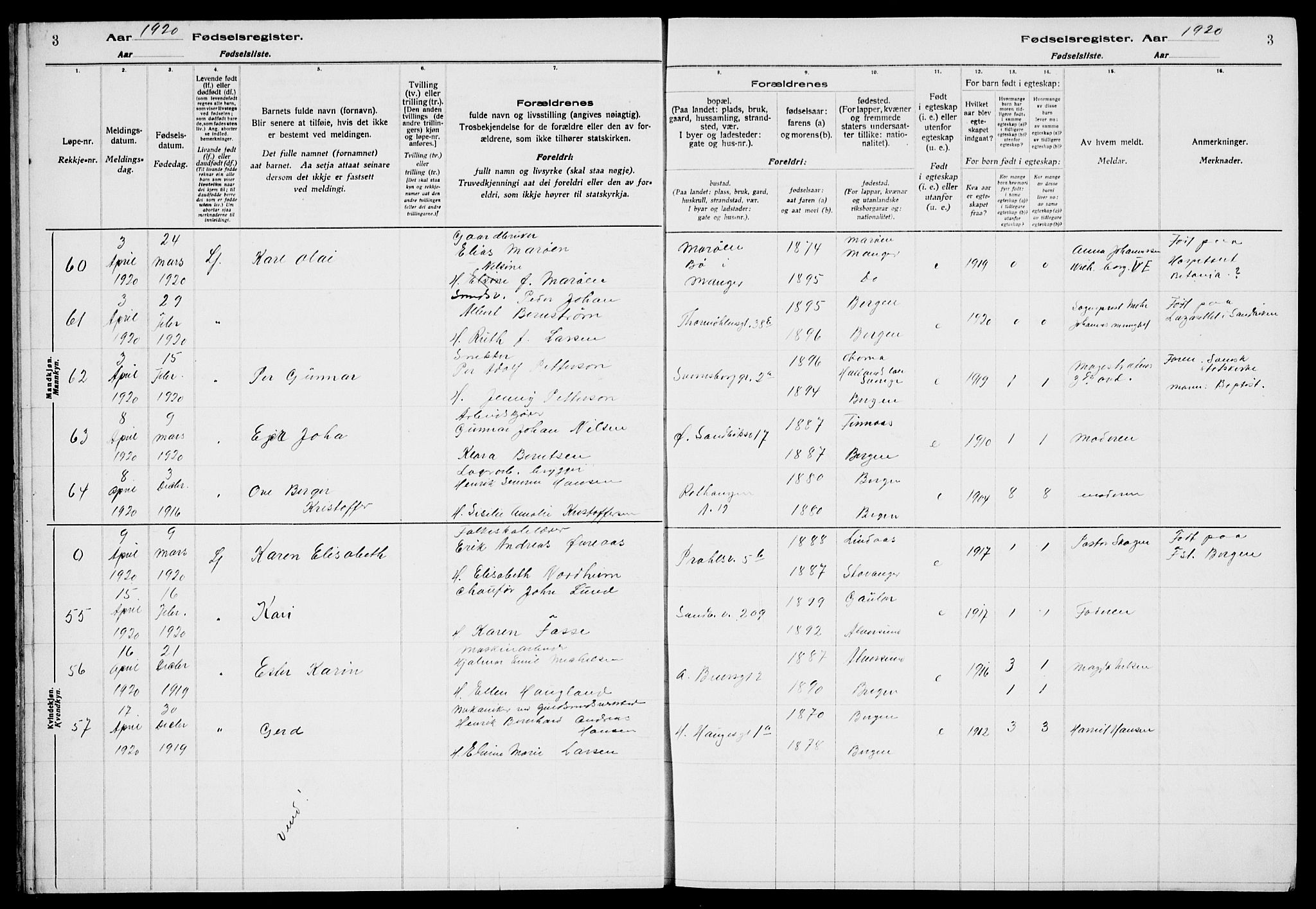 Sandviken Sokneprestembete, AV/SAB-A-77601/I/Ib/L00A2: Birth register no. A 2, 1920-1923, p. 3