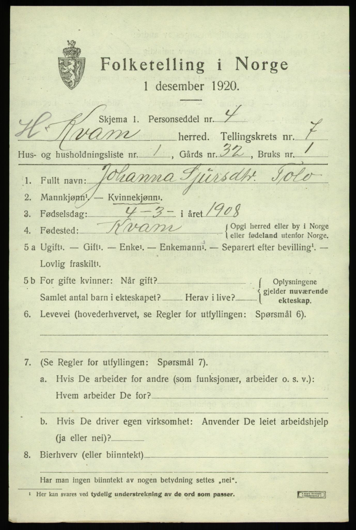 SAB, 1920 census for Kvam, 1920, p. 4739