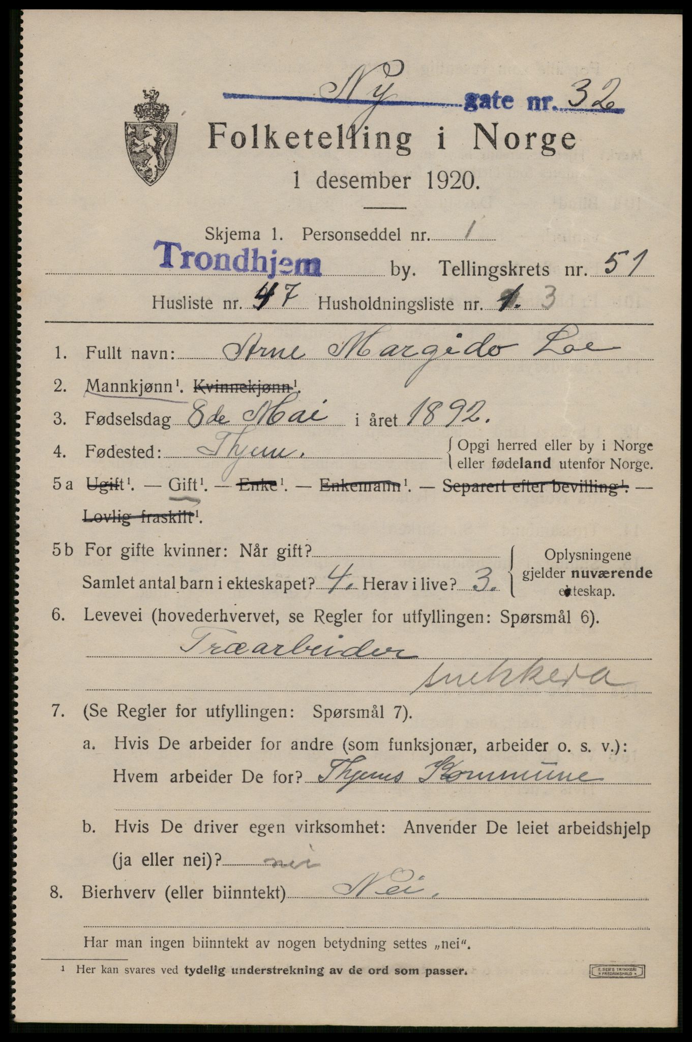 SAT, 1920 census for Trondheim, 1920, p. 106366