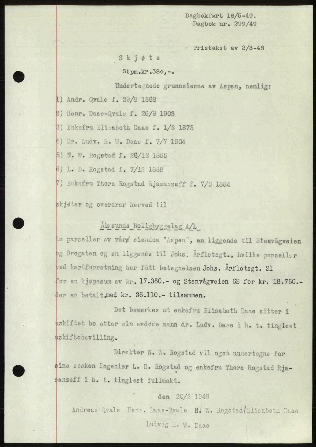 Ålesund byfogd, AV/SAT-A-4384: Mortgage book no. 37A (1), 1947-1949, Diary no: : 299/1949