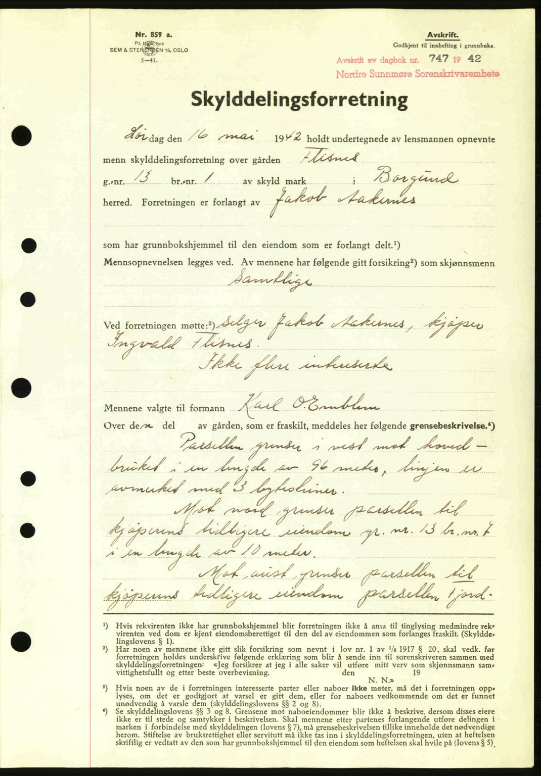 Nordre Sunnmøre sorenskriveri, AV/SAT-A-0006/1/2/2C/2Ca: Mortgage book no. A13, 1942-1942, Diary no: : 747/1942