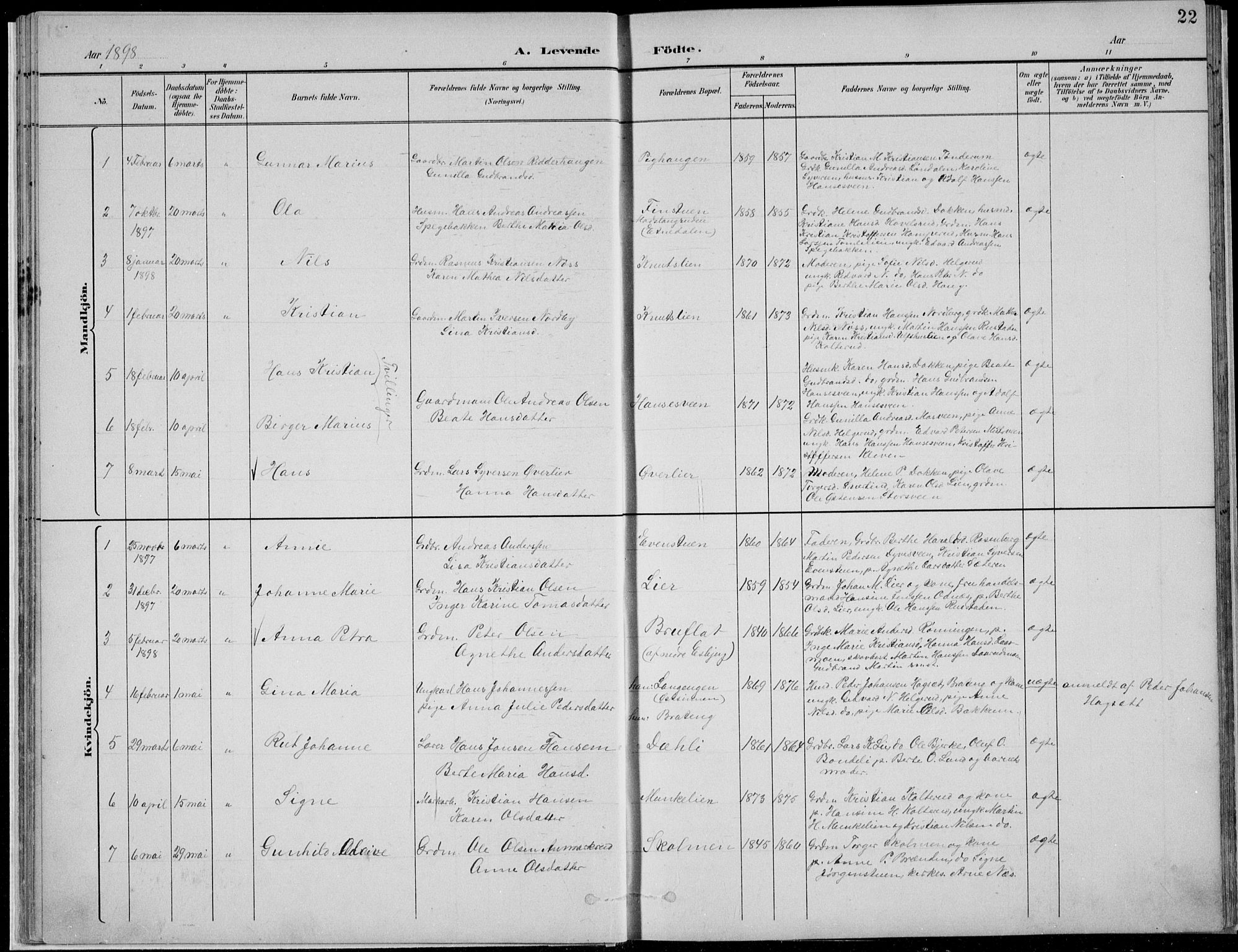 Nordre Land prestekontor, SAH/PREST-124/H/Ha/Hab/L0013: Parish register (copy) no. 13, 1891-1904, p. 22