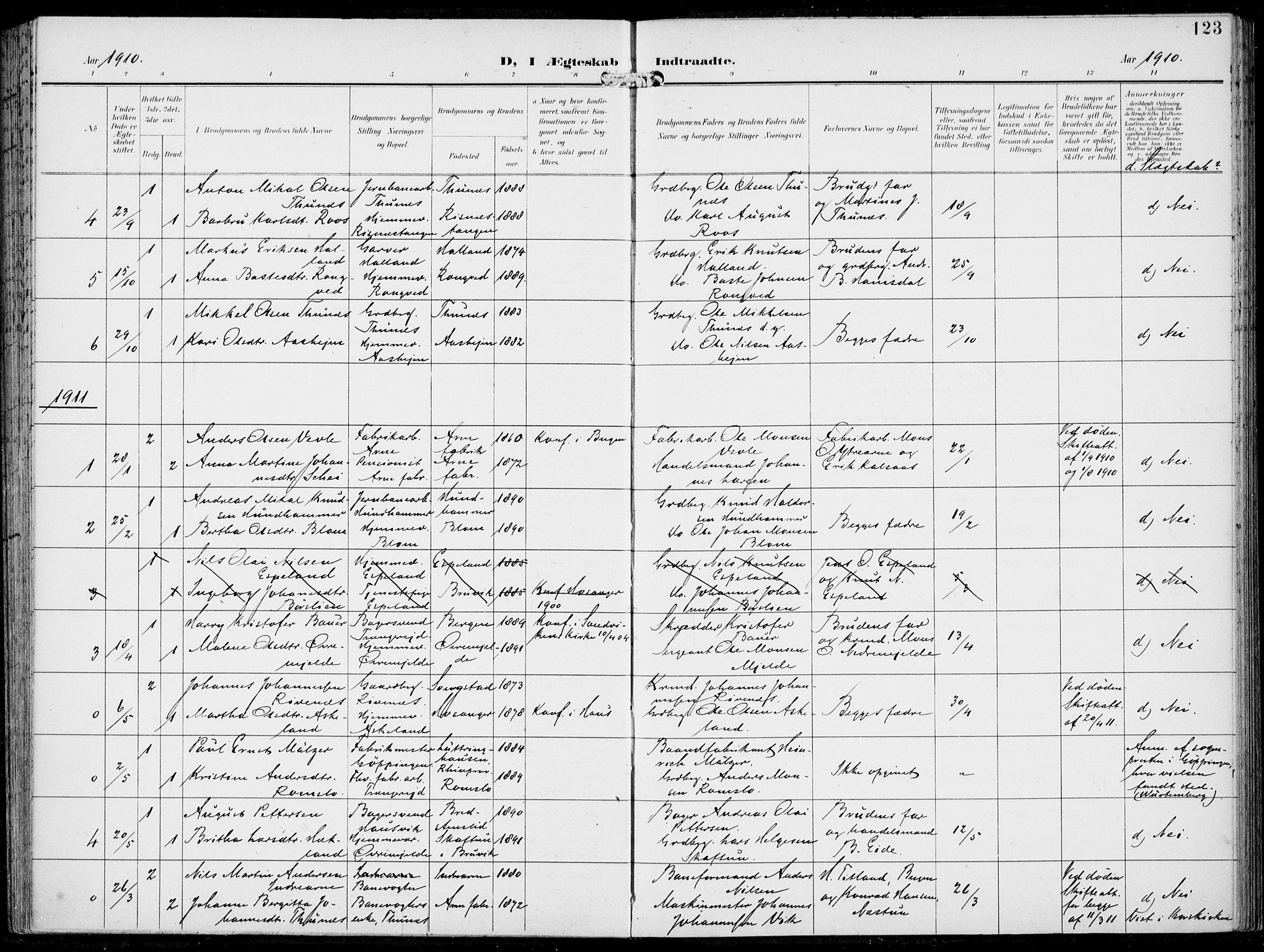 Haus sokneprestembete, SAB/A-75601/H/Haa: Parish register (official) no. B  2, 1899-1912, p. 123