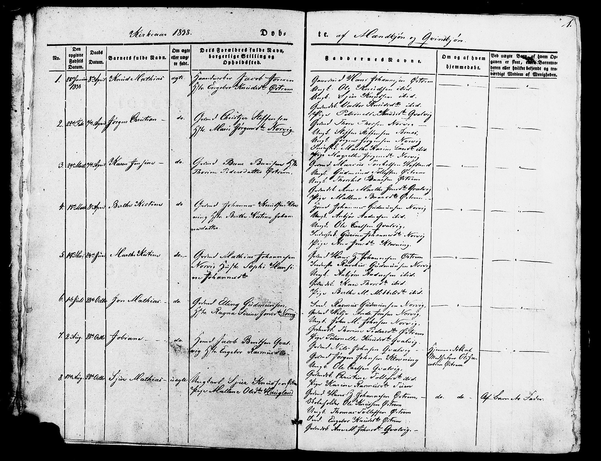 Torvastad sokneprestkontor, AV/SAST-A -101857/H/Ha/Haa/L0007: Parish register (official) no. A 7, 1838-1882, p. 1