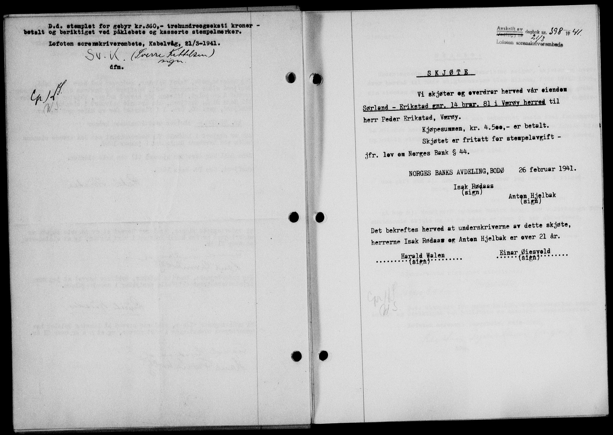 Lofoten sorenskriveri, SAT/A-0017/1/2/2C/L0008a: Mortgage book no. 8a, 1940-1941, Diary no: : 398/1941