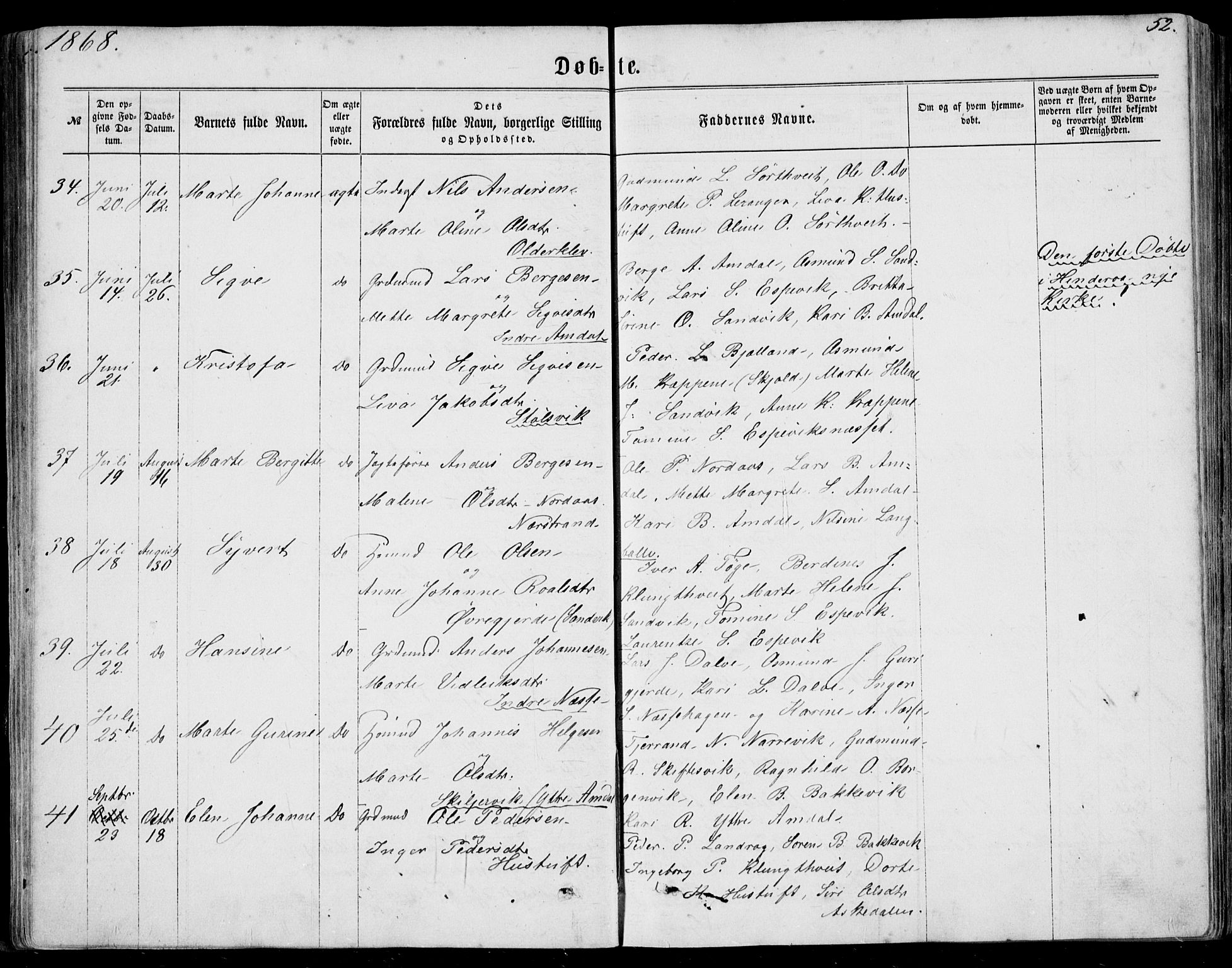 Nedstrand sokneprestkontor, AV/SAST-A-101841/01/IV: Parish register (official) no. A 9, 1861-1876, p. 52