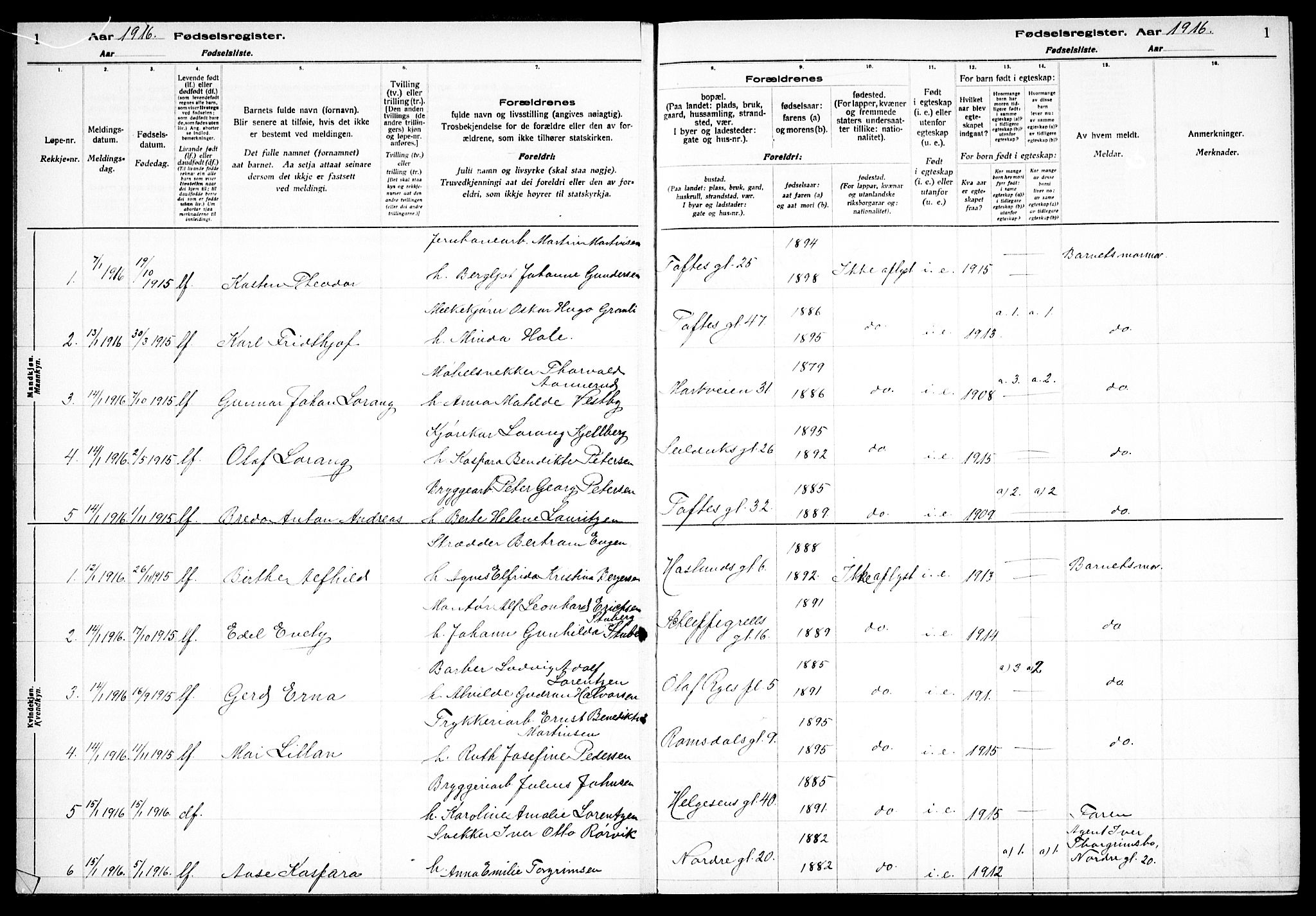 Paulus prestekontor Kirkebøker, AV/SAO-A-10871/J/Ja/L0001: Birth register no. 1, 1916-1923, p. 1