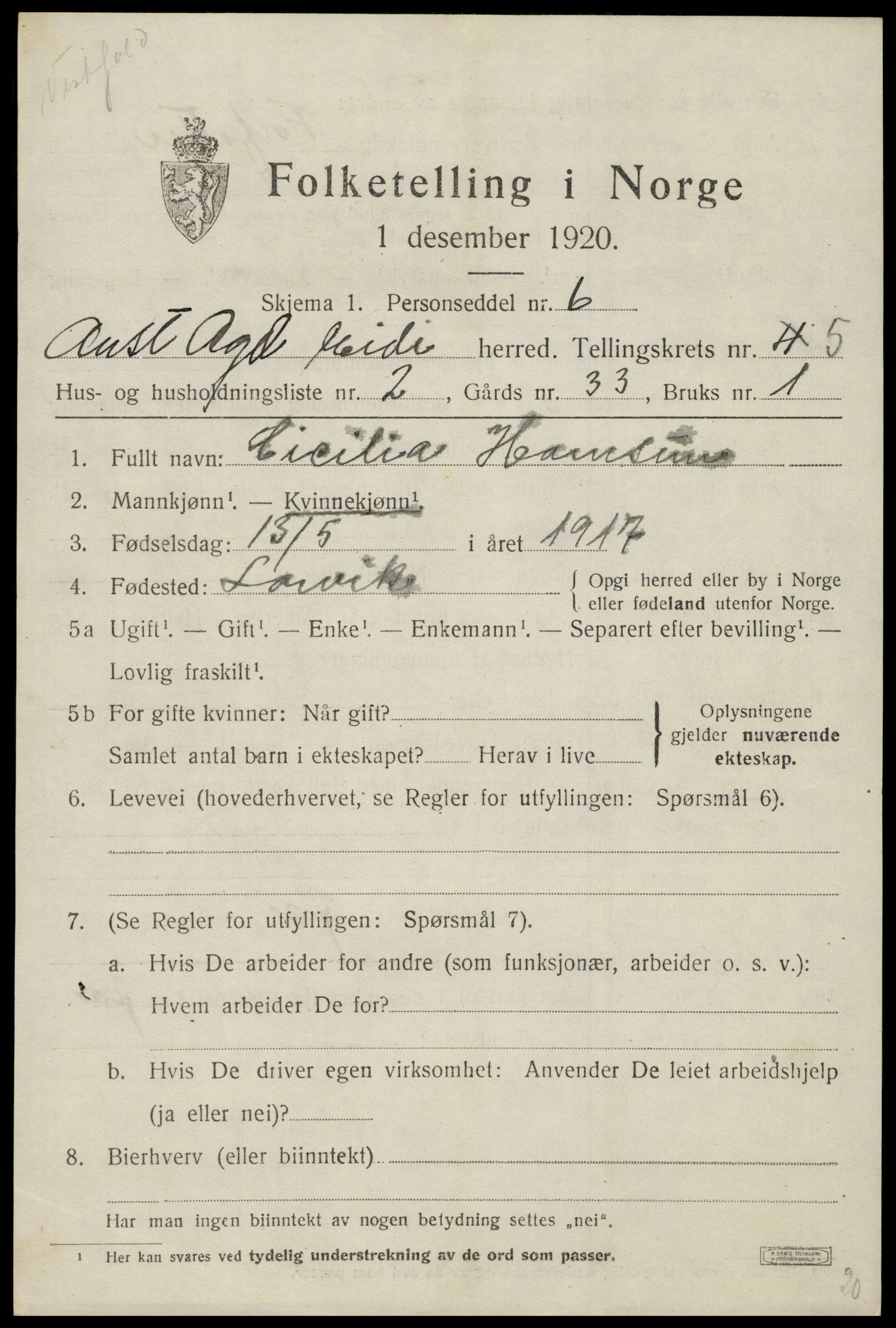 SAK, 1920 census for Eide, 1920, p. 1404