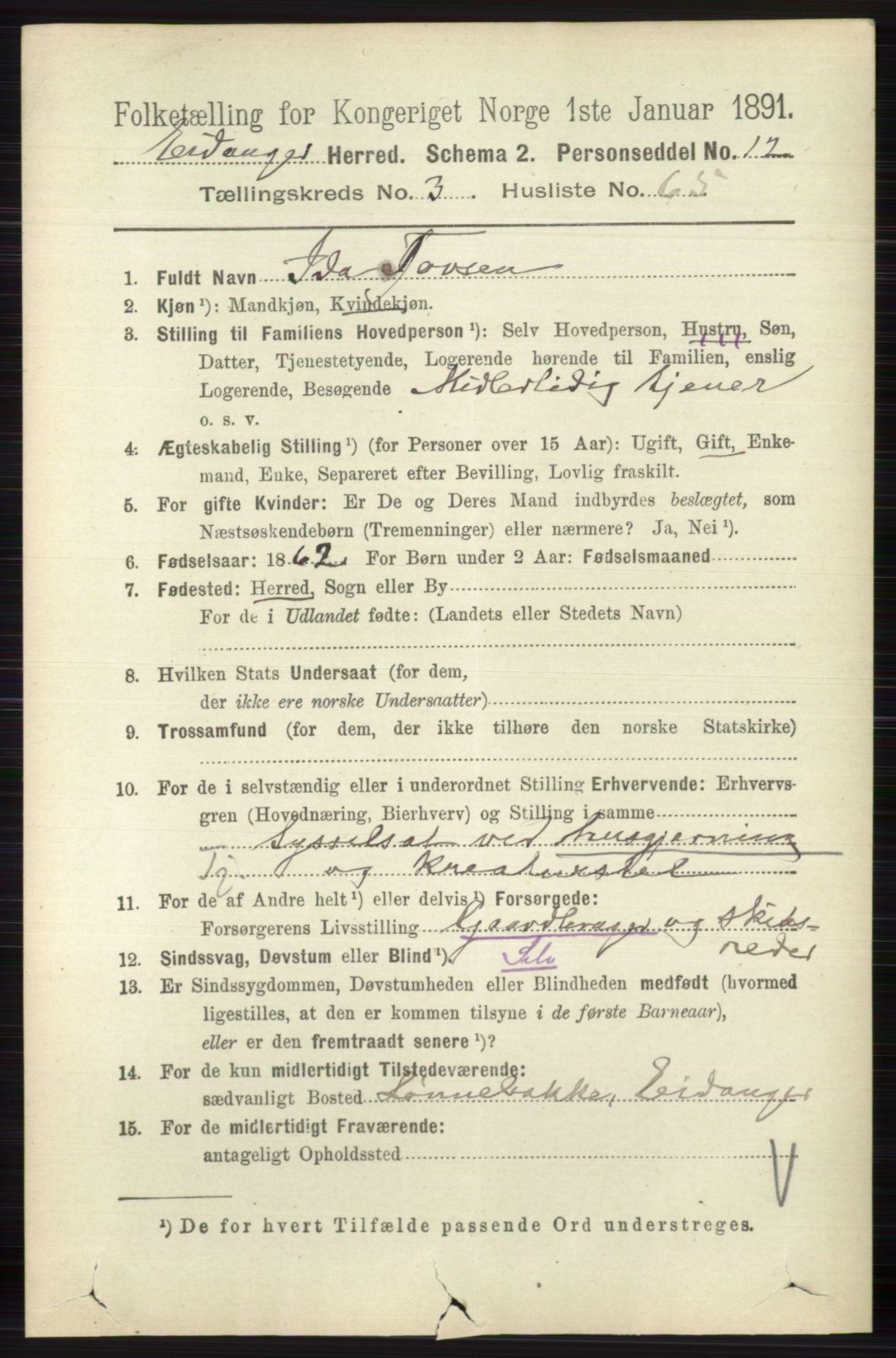 RA, 1891 census for 0813 Eidanger, 1891, p. 1887