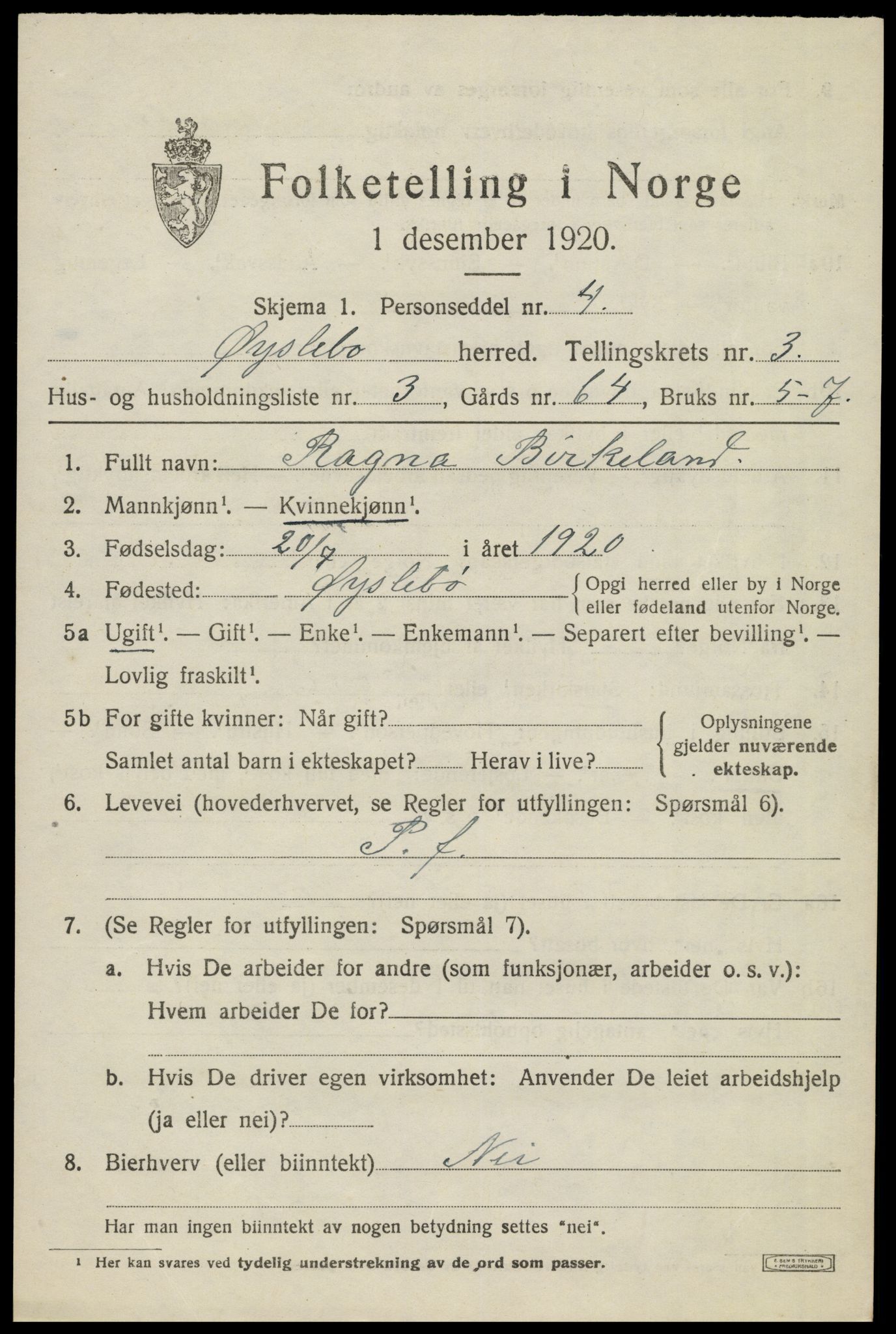 SAK, 1920 census for Øyslebø, 1920, p. 916