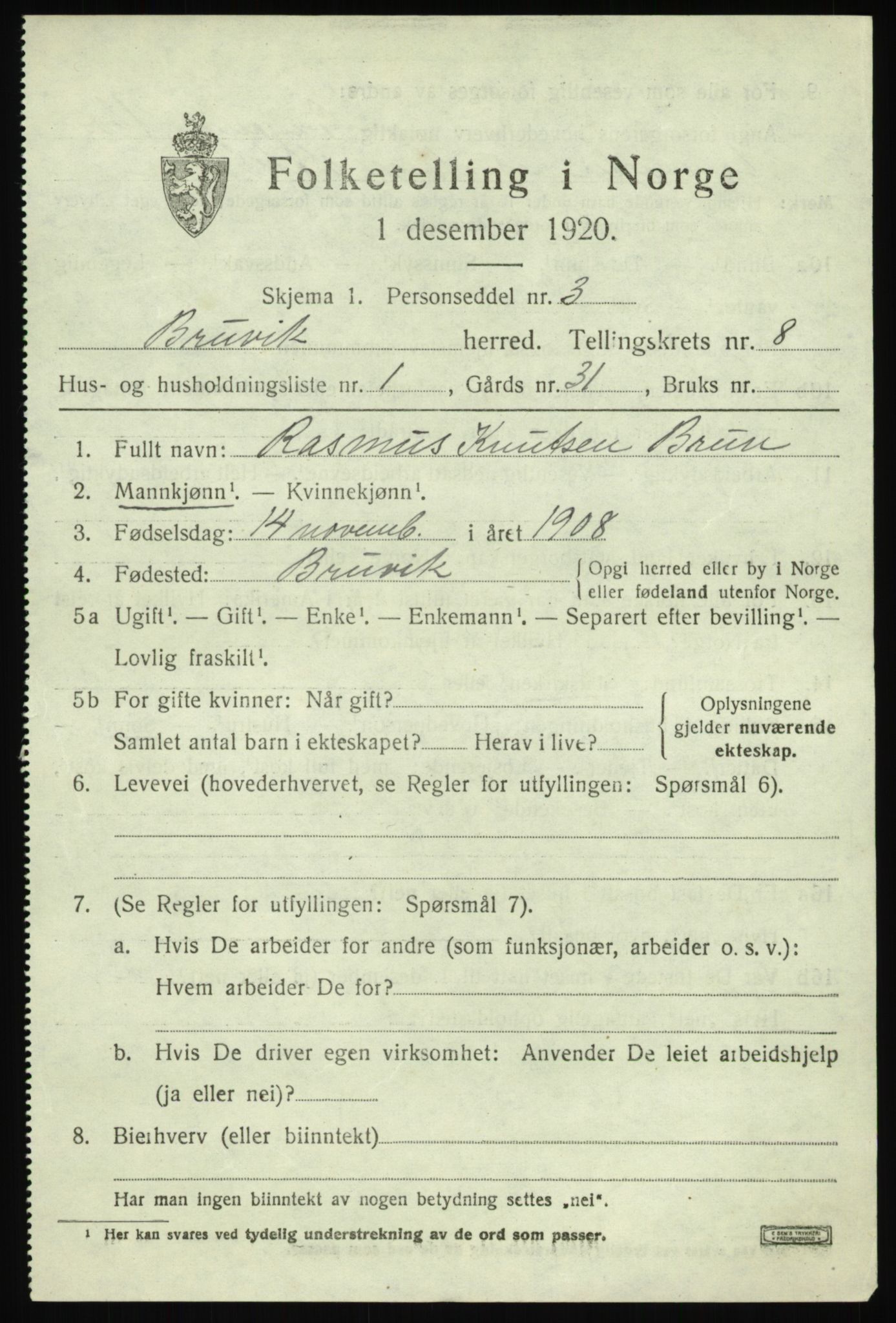 SAB, 1920 census for Bruvik, 1920, p. 5018