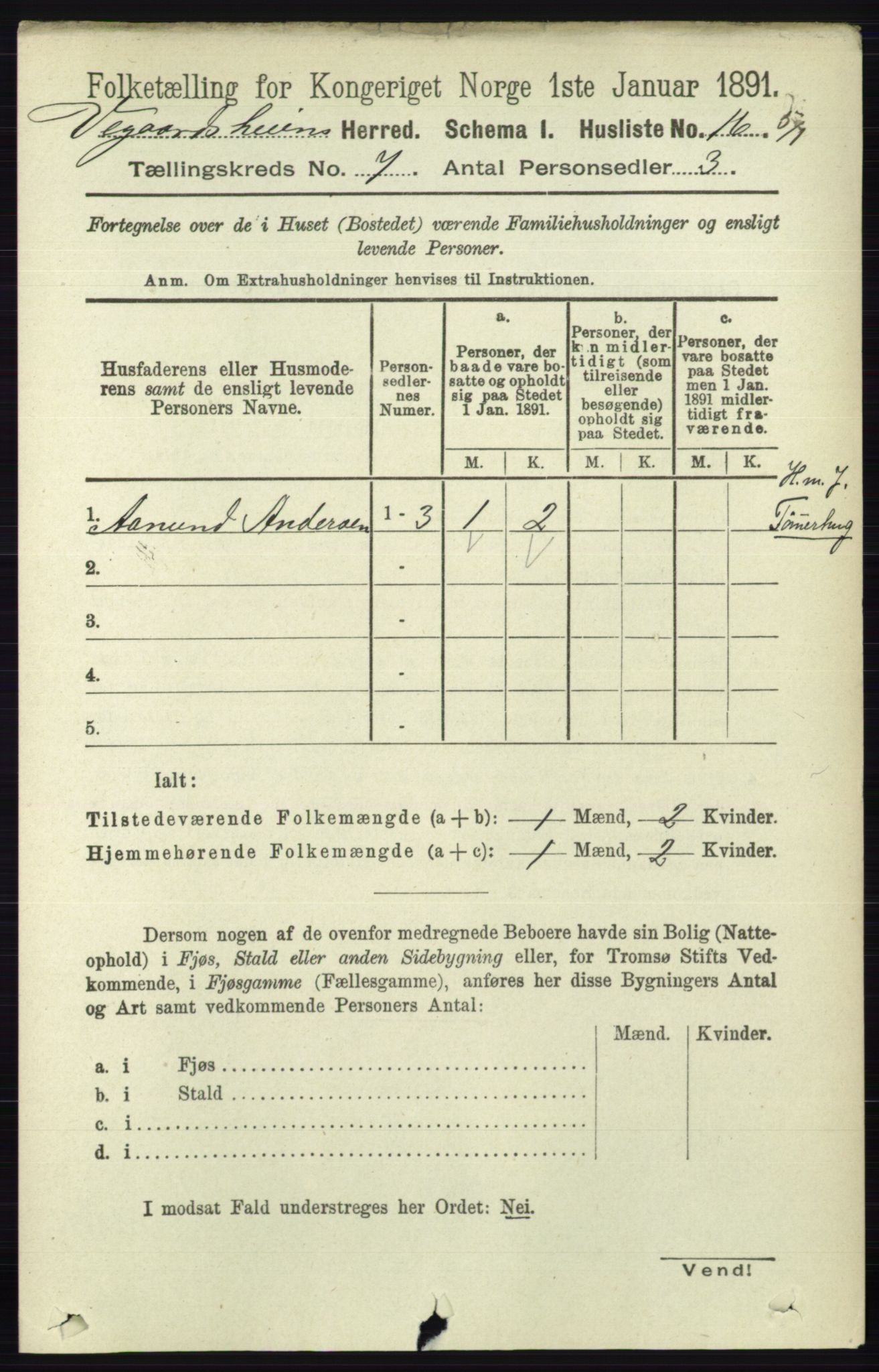 RA, 1891 census for 0912 Vegårshei, 1891, p. 1326