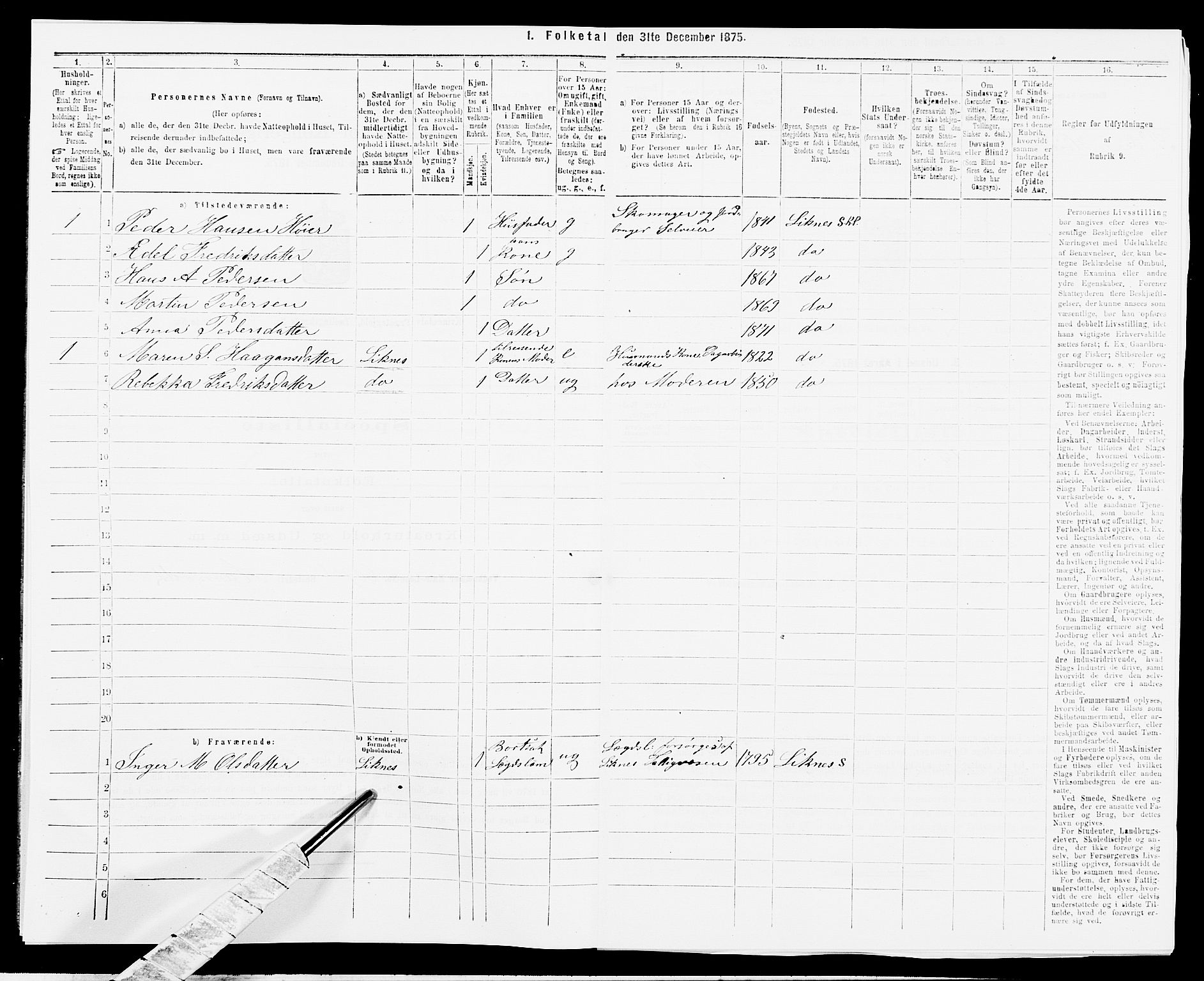 SAK, 1875 census for 1037P Kvinesdal, 1875, p. 1095