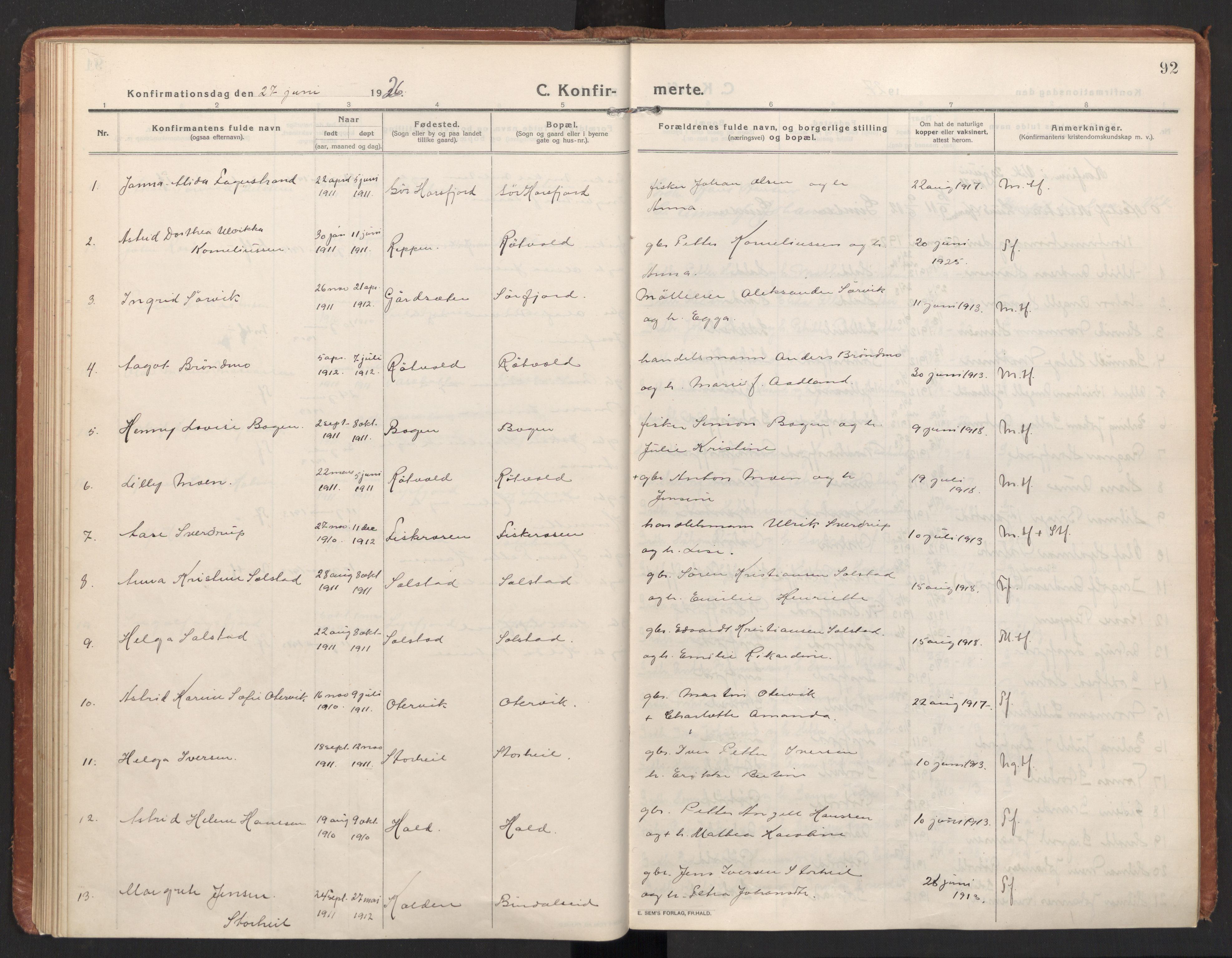 Ministerialprotokoller, klokkerbøker og fødselsregistre - Nordland, AV/SAT-A-1459/811/L0168: Parish register (official) no. 811A05, 1914-1932, p. 92