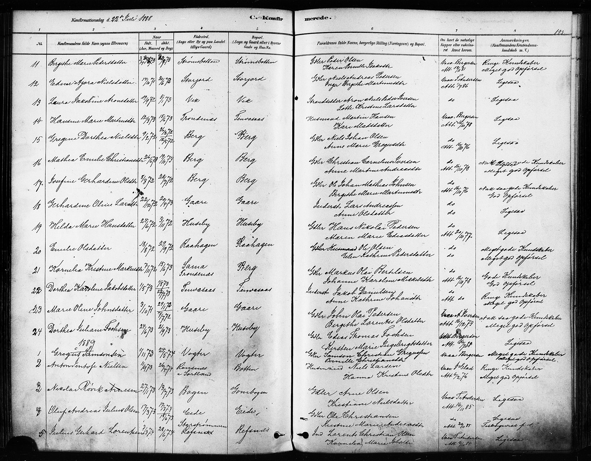 Kvæfjord sokneprestkontor, SATØ/S-1323/G/Ga/Gaa/L0005kirke: Parish register (official) no. 5, 1878-1894, p. 193